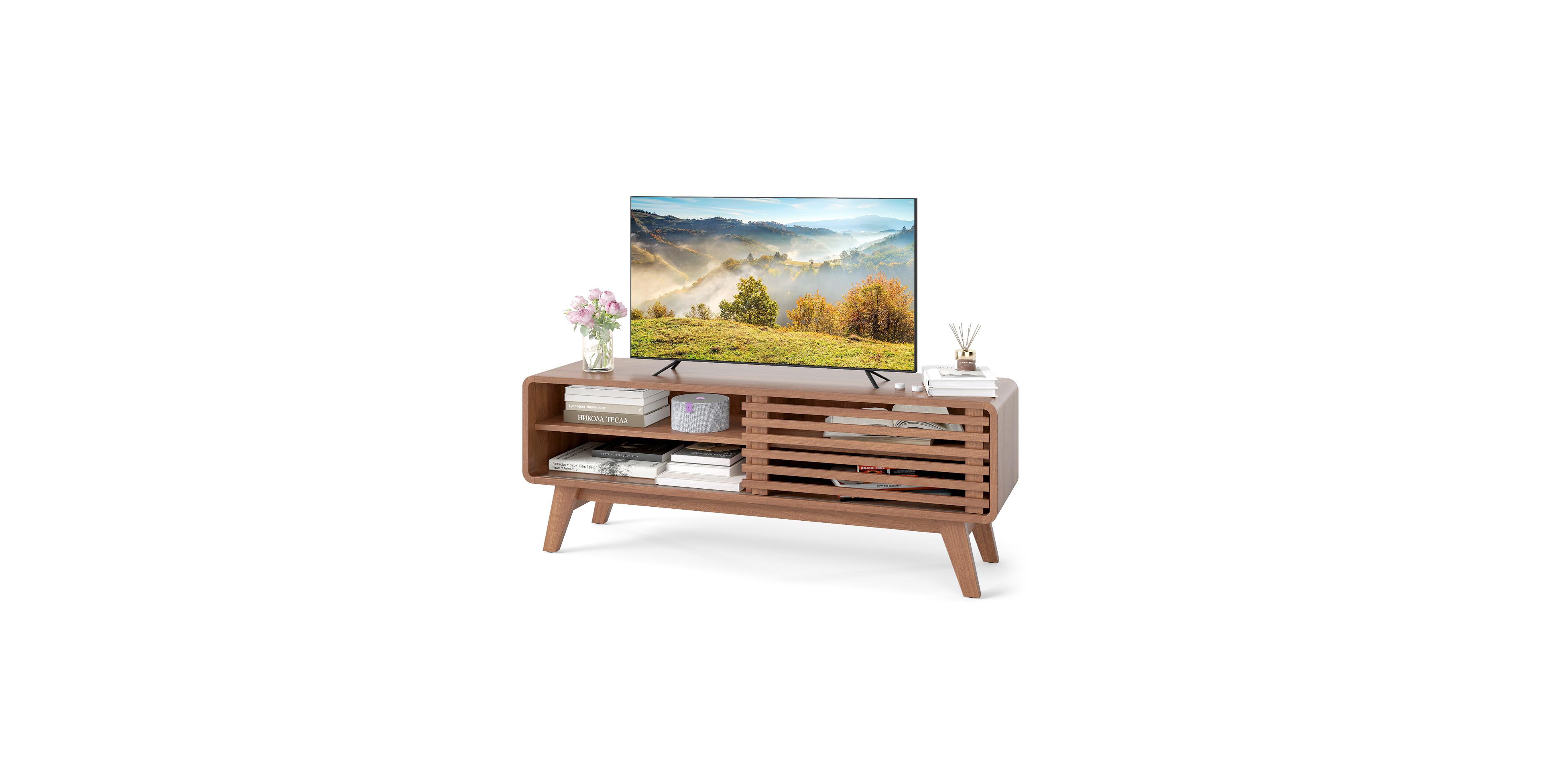 Mecale Tv Stand for TVs up to 55" with Sliding Door and Adjustable Shelves for Living Room