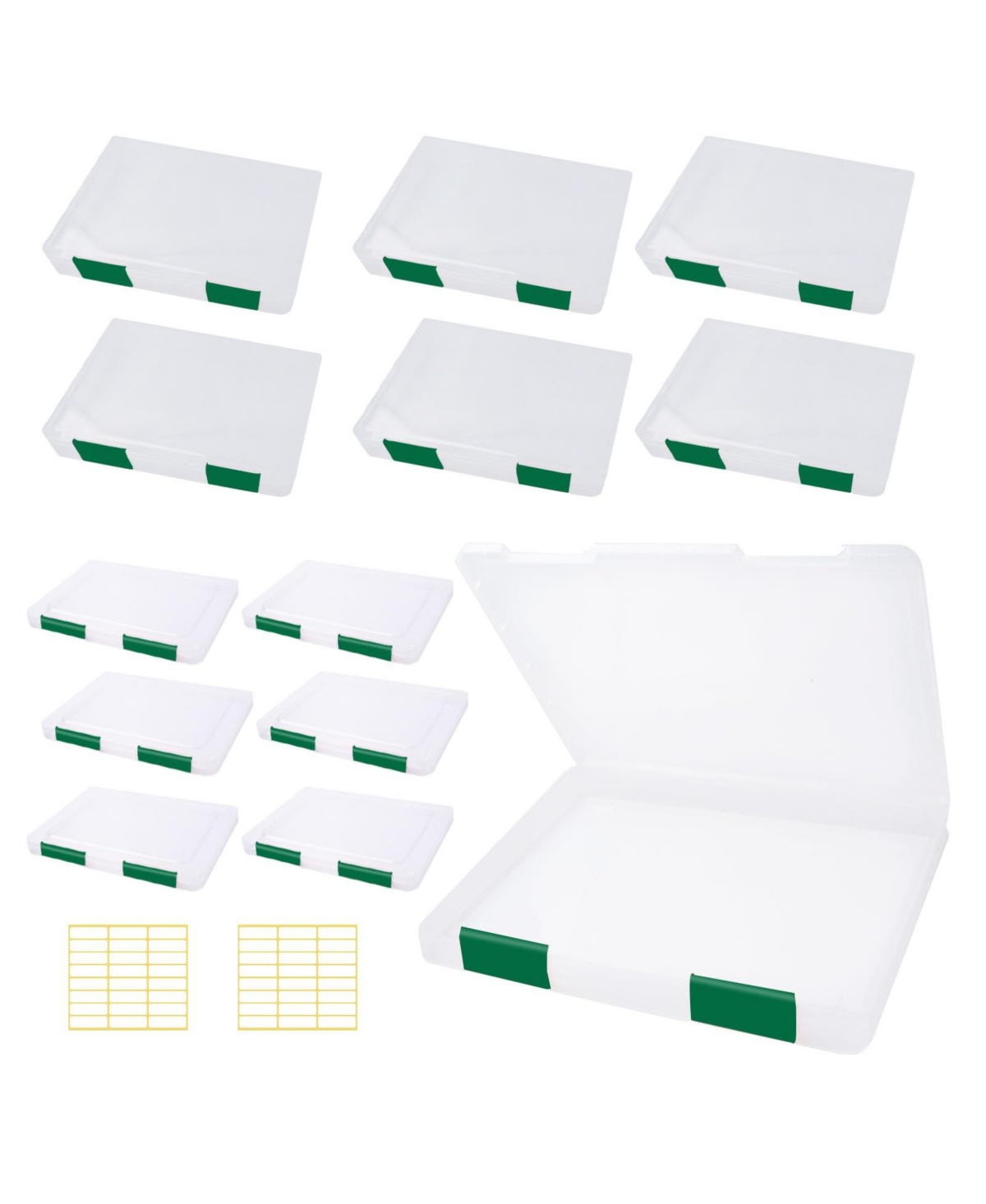 Four Candies 12 Pack Clear Plastic File Storage Boxes With 48 Labels A4 A5 Document Organizer - Green