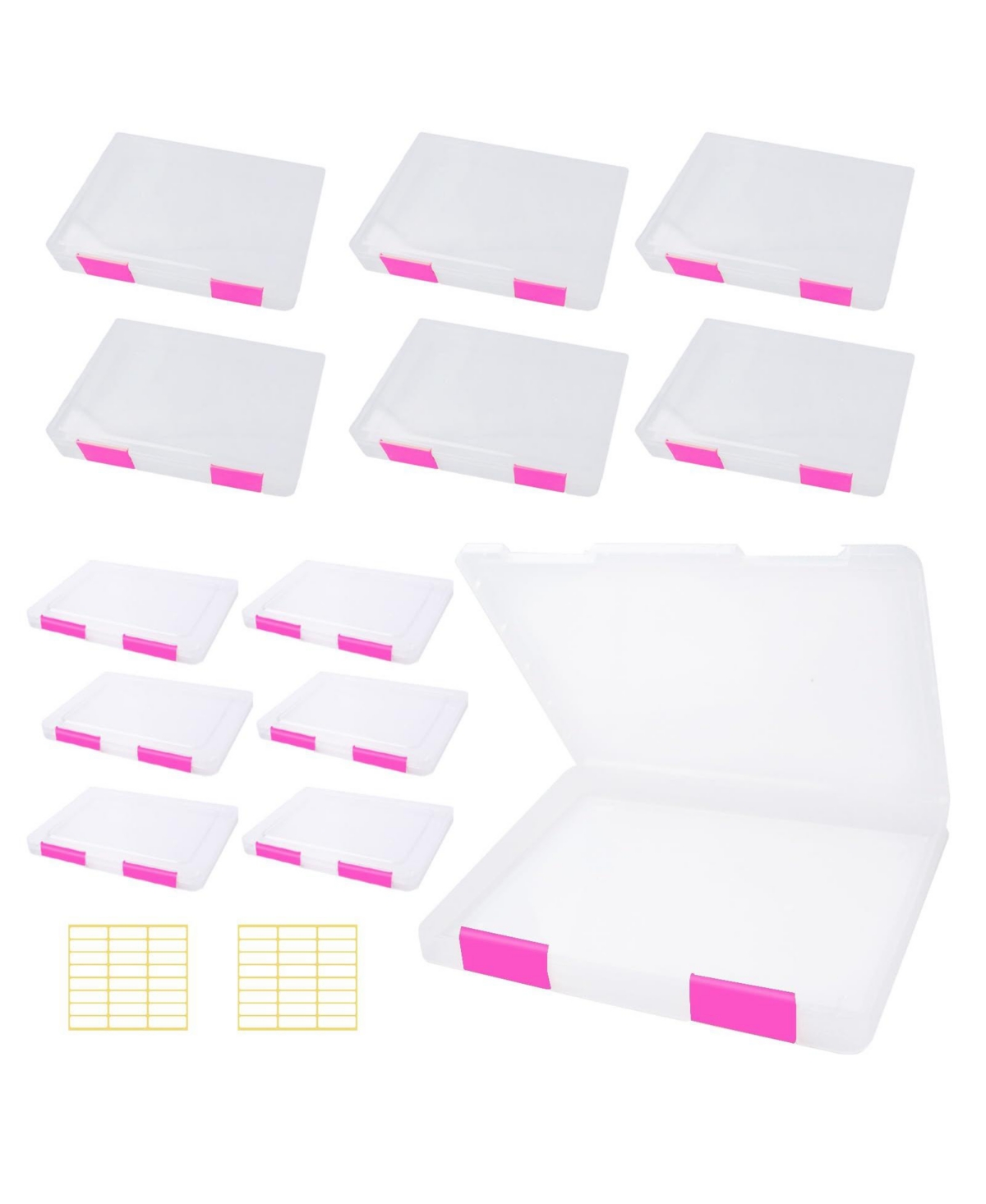Four Candies 12 Pack Clear Plastic File Storage Boxes With 48 Labels A4 A5 Document Organizer - Pink