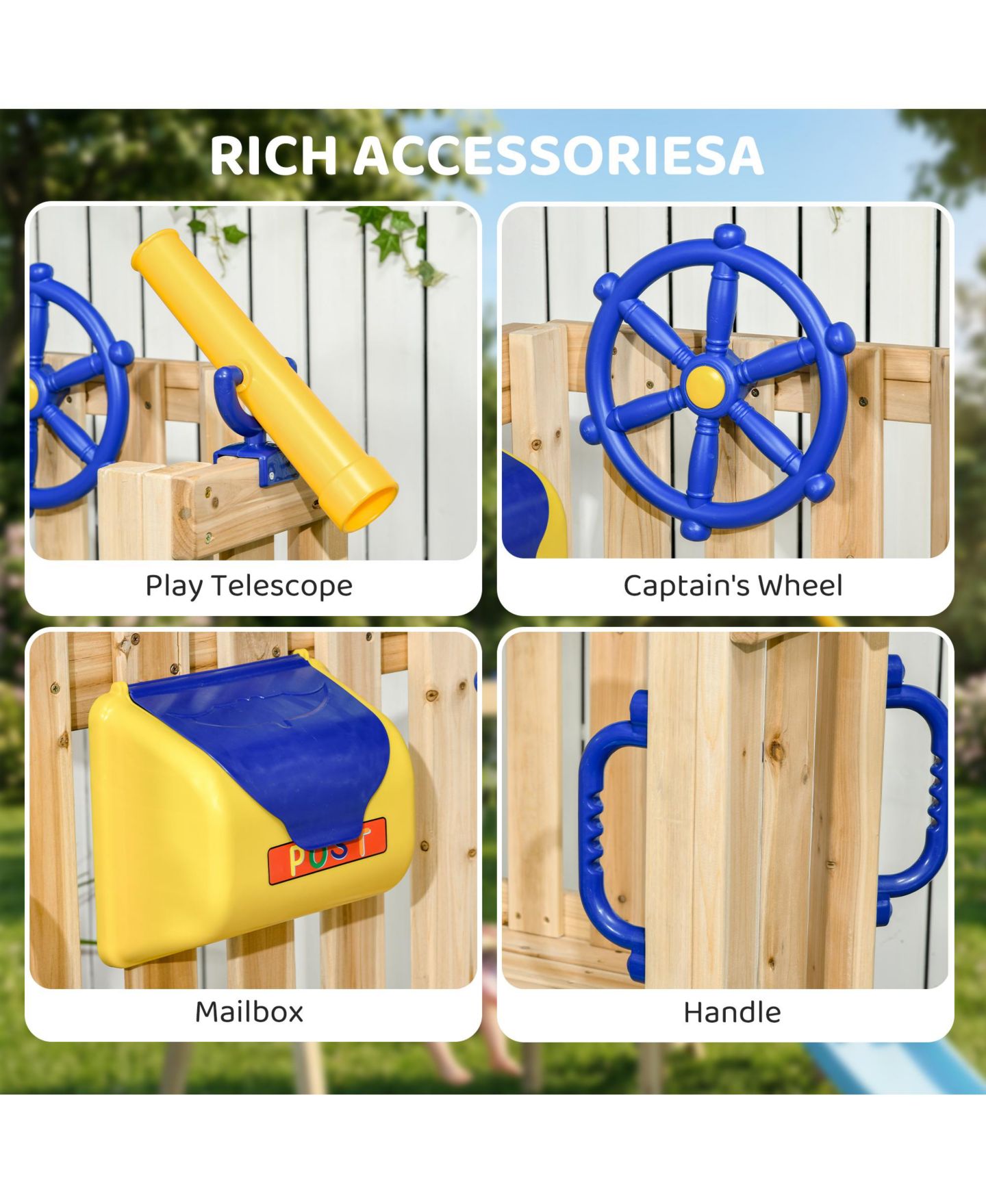 Детские игрушки Glintex Wooden Swing Set with Slide, Fort, Captain's Wheel and Telescope, 220 lbs, Ages 1.5-4, цвет: Натуральный — фото 6