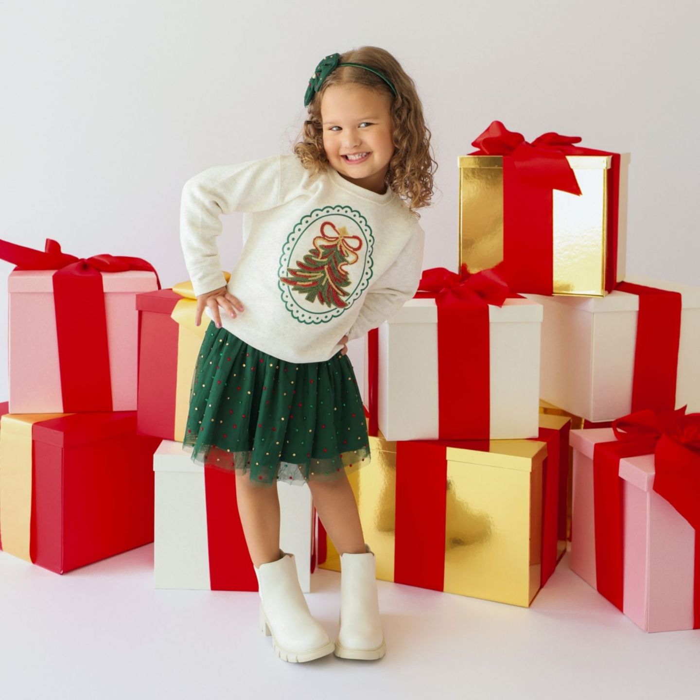 Толстовка Sweet Wink Sequin Christmas Tree Patch для девочек, цвет: Натуральный меланжевый — фото 3