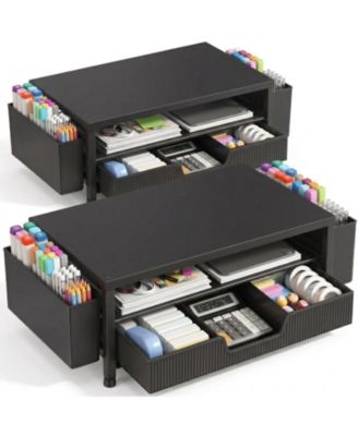 2 Tier Monitor Stand with Storage Drawer and Pen Holders Desktop Organizer