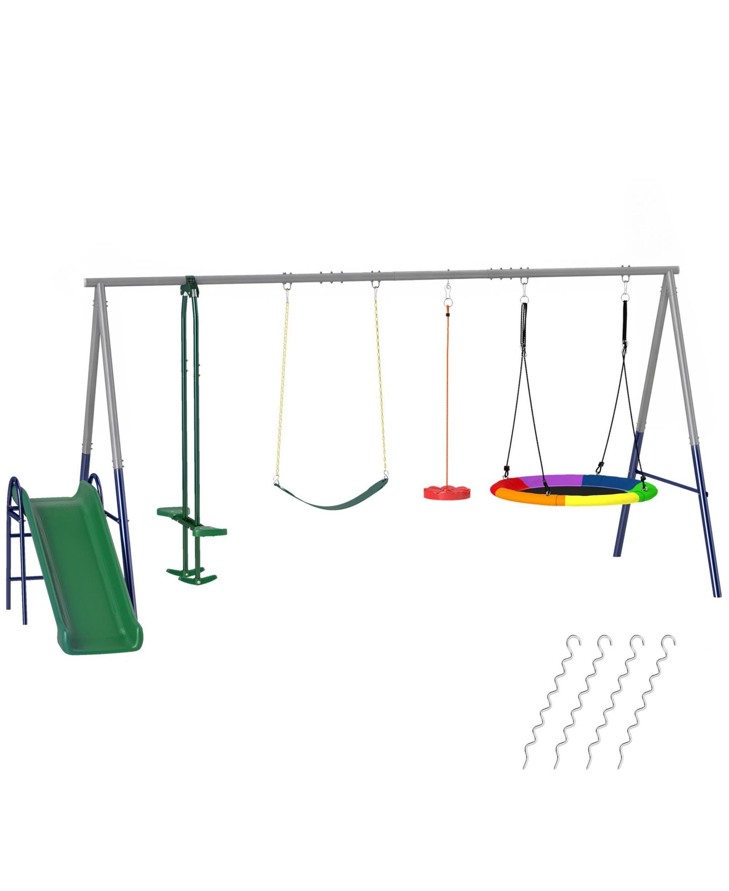 Детские игрушки Glintex 5-in-1 Kids Swing Set with Slide, Nest Swing, Belt Swing, Glider, Standing Swing, Steel A-Frame, 771 lbs Capacity, Ages 3–8, цвет: Разноцветный — фото 11