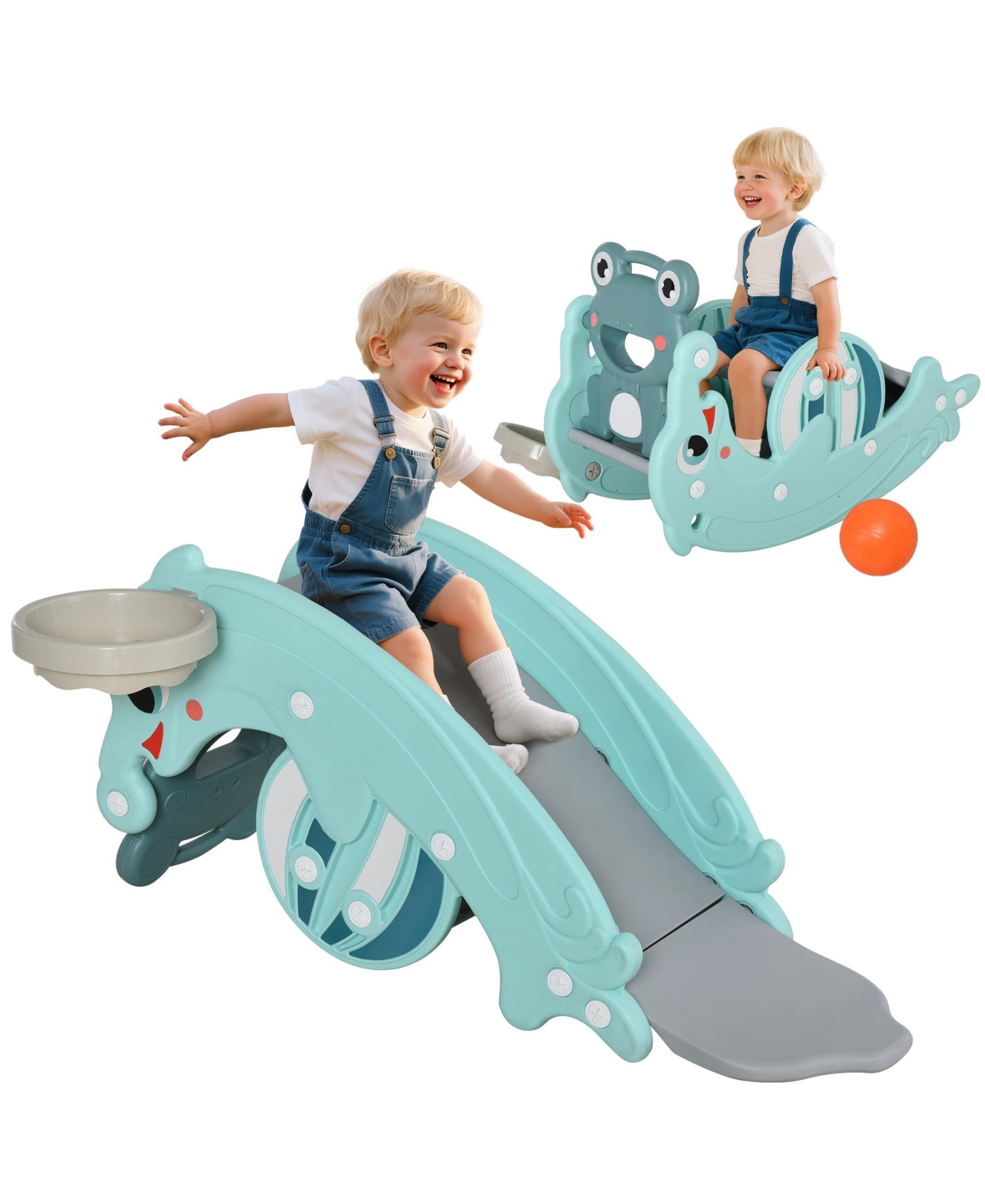 Glintex 3-in-1 Portable Hdpe Rocking Horse with Slide and Basketball Hoop, Holds 55 lbs, Ages 1.5-3