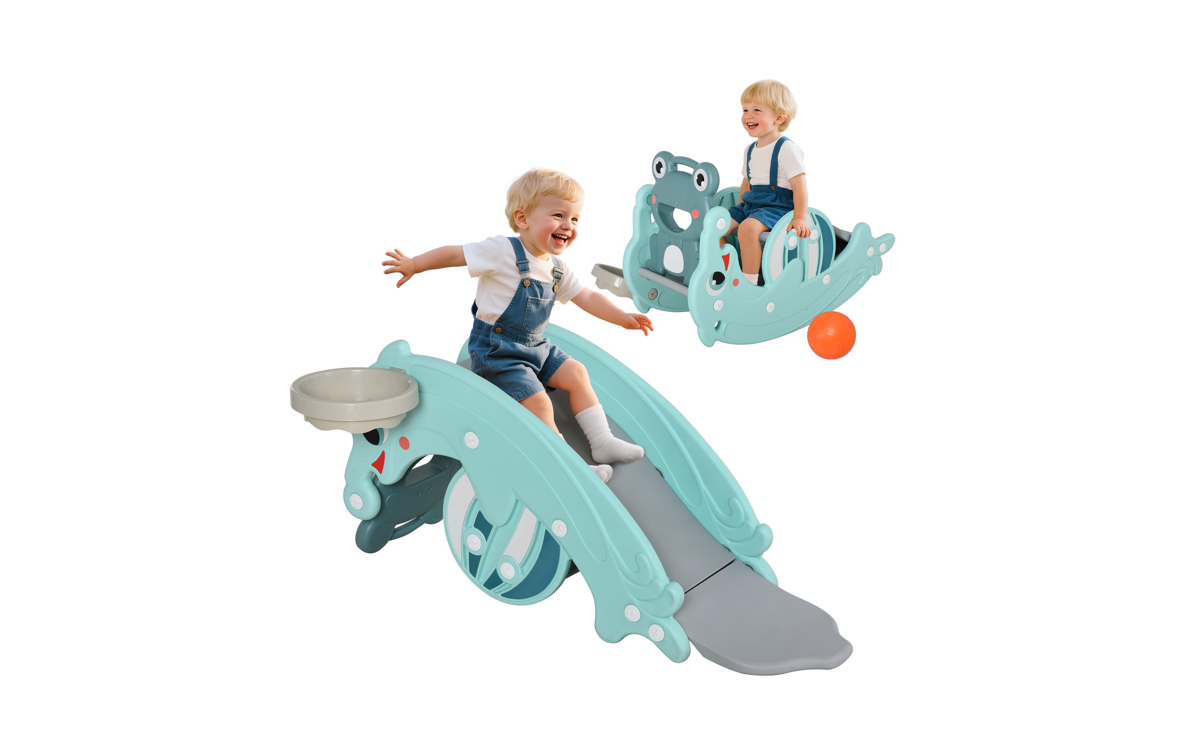 Glintex 3-in-1 Portable Hdpe Rocking Horse with Slide and Basketball Hoop, Holds 55 lbs, Ages 1.5-3
