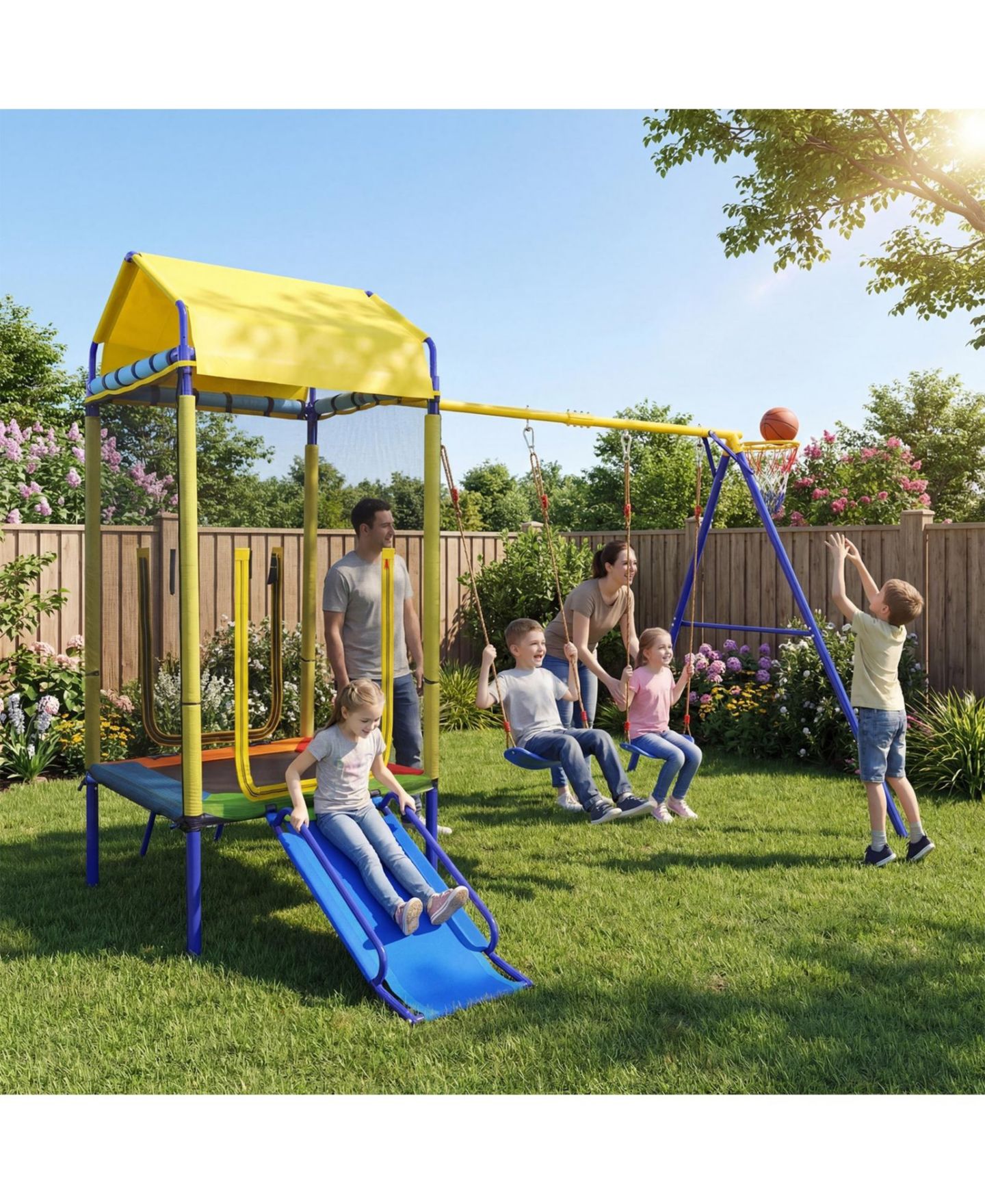 Детские игрушки Glintex 5-in-1 Backyard Playset with 40 in Trampoline, Slide, Swing Set, 330 lb Capacity, Ages 8+, цвет: Жёлтый — фото 9