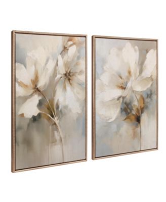 Sylvie Beaded Abstract Botanical Floral Linen Painting 1 and 2 Framed Canvas Art Set by The Creative Bunch Studio
