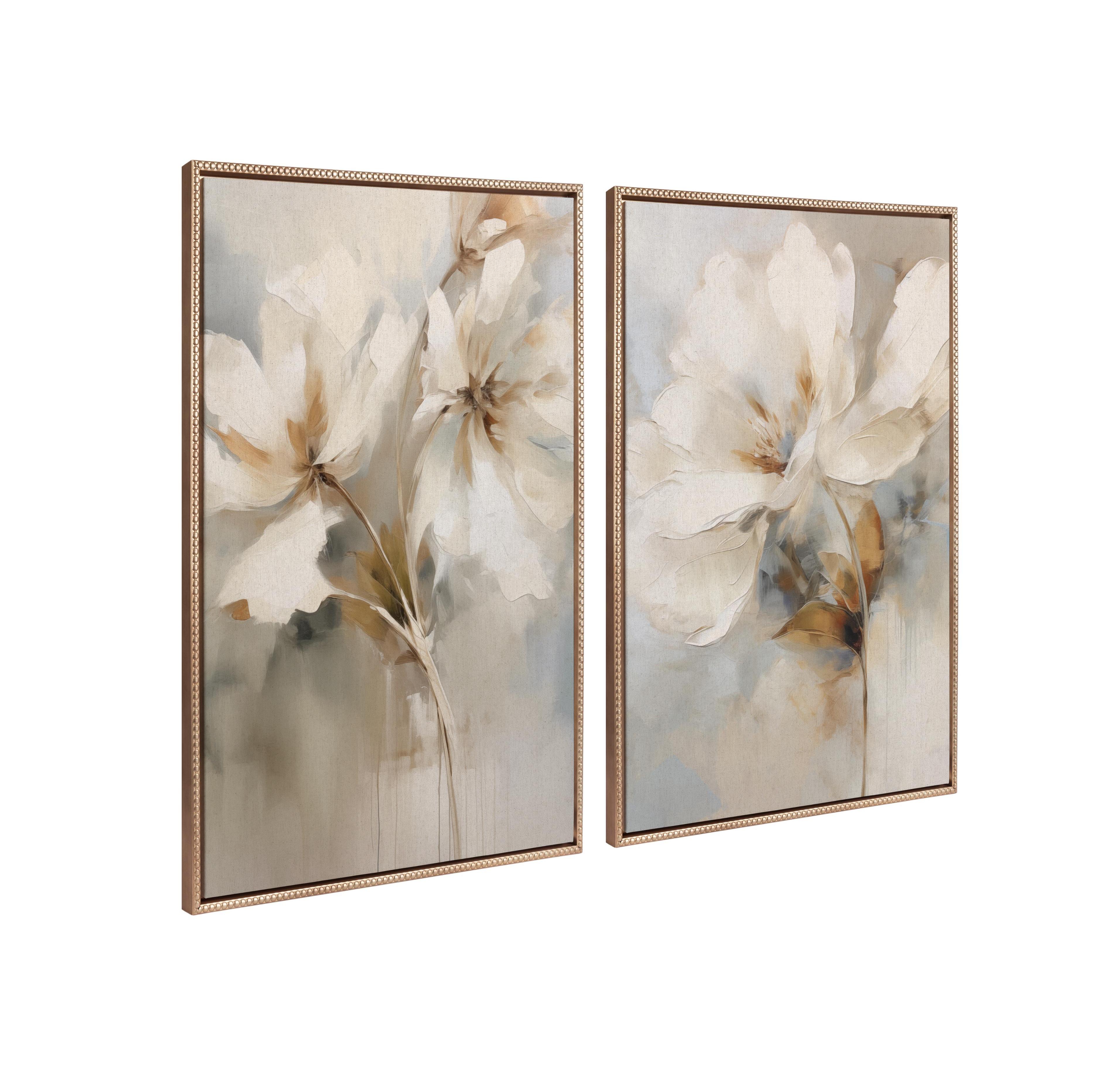 Kate and Laurel Sylvie Beaded Abstract Botanical Floral Linen Painting 1 and 2 Framed Canvas Art Set by The Creative Bunch Studio