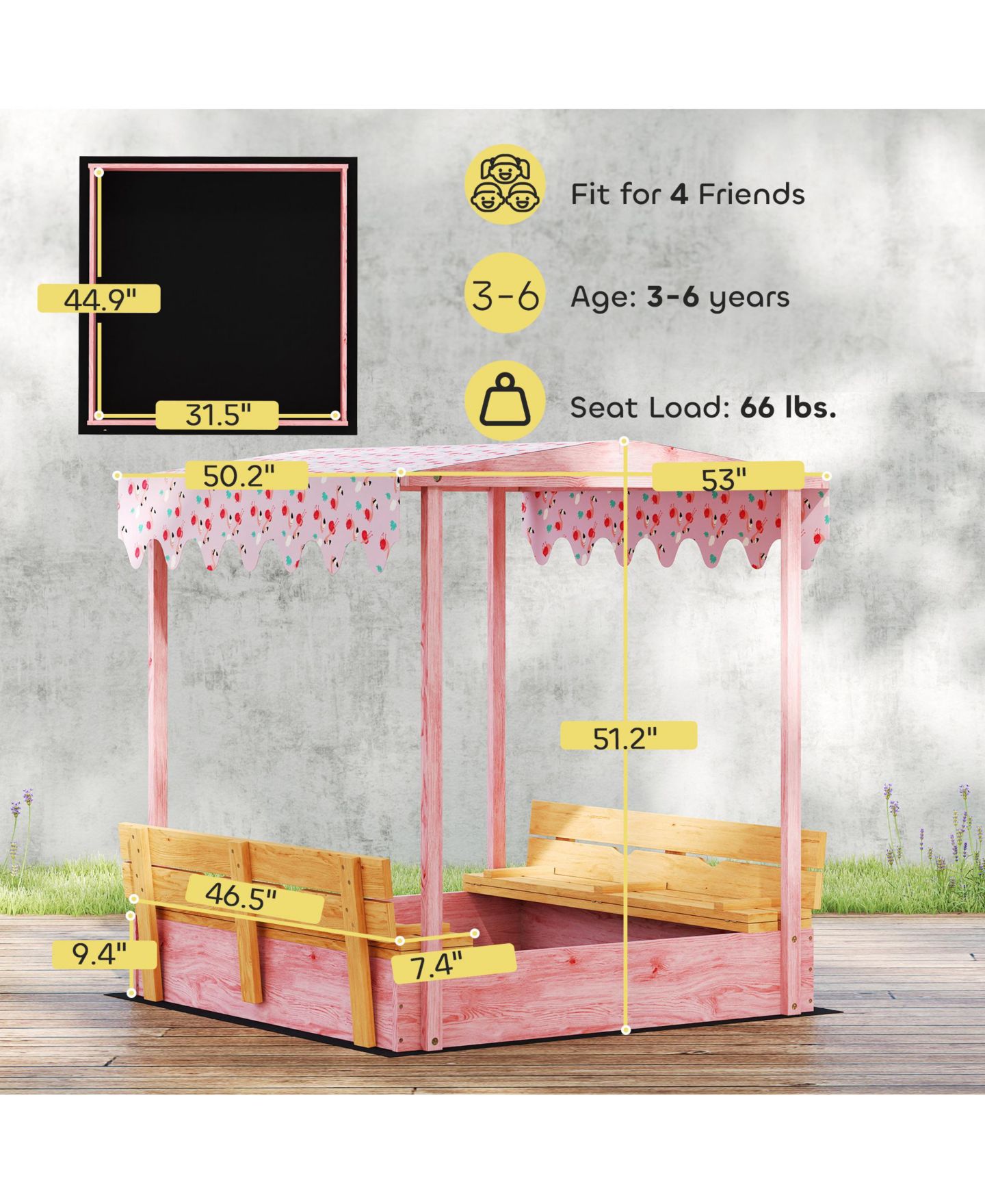 Детская игрушка Glintex Wooden Kids Sandbox with Flamingo Print Canopy and Fold-Down Bench Cover, 53"L x 50.2"W x 51.2"H, Ages 3-6, цвет: Розовый — фото 3