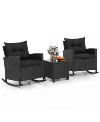 3-Piece Rattan Rocker Chair Set with Tempered Glass Table