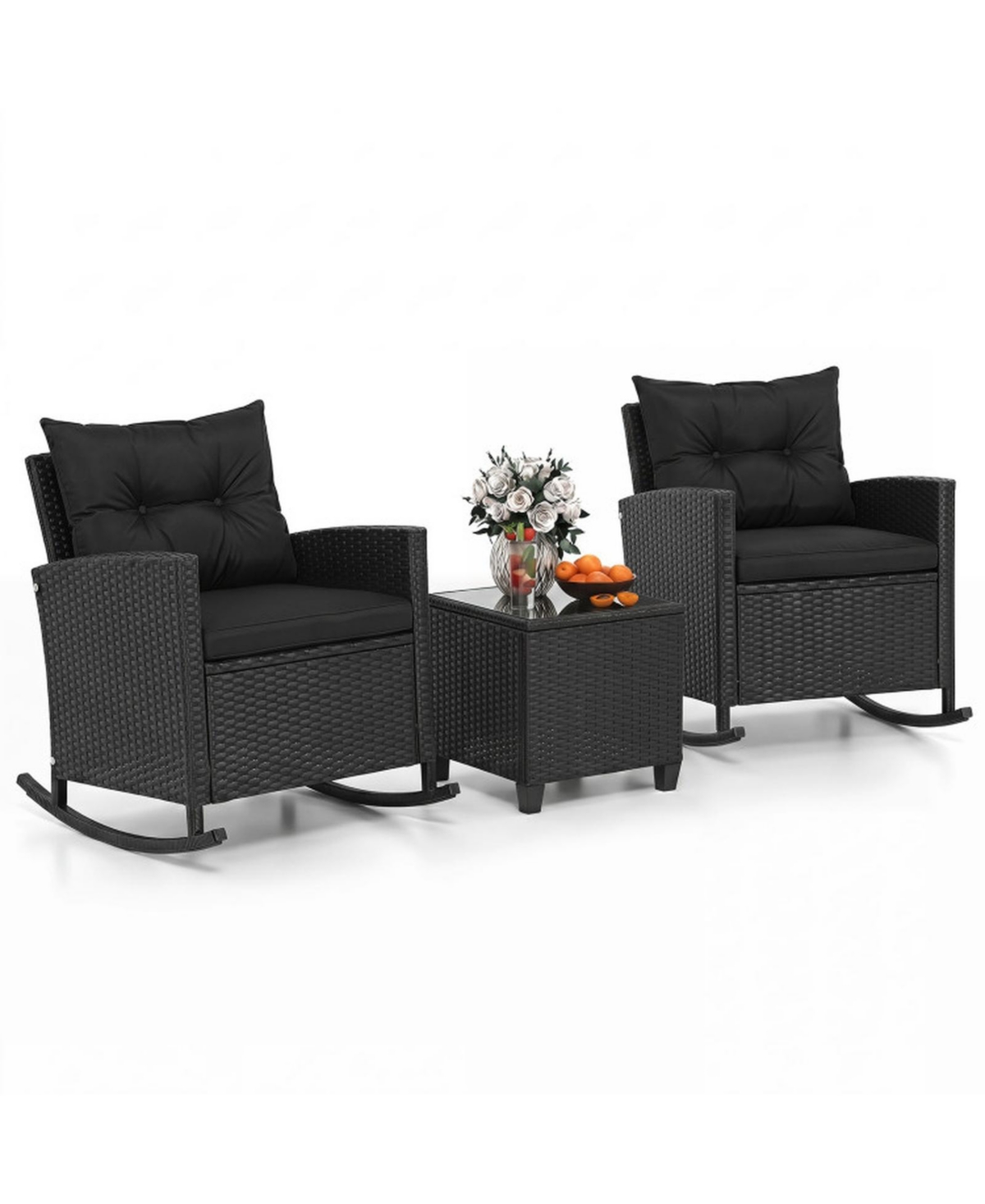 Gouun 3-Piece Rattan Rocker Chair Set with Tempered Glass Table
