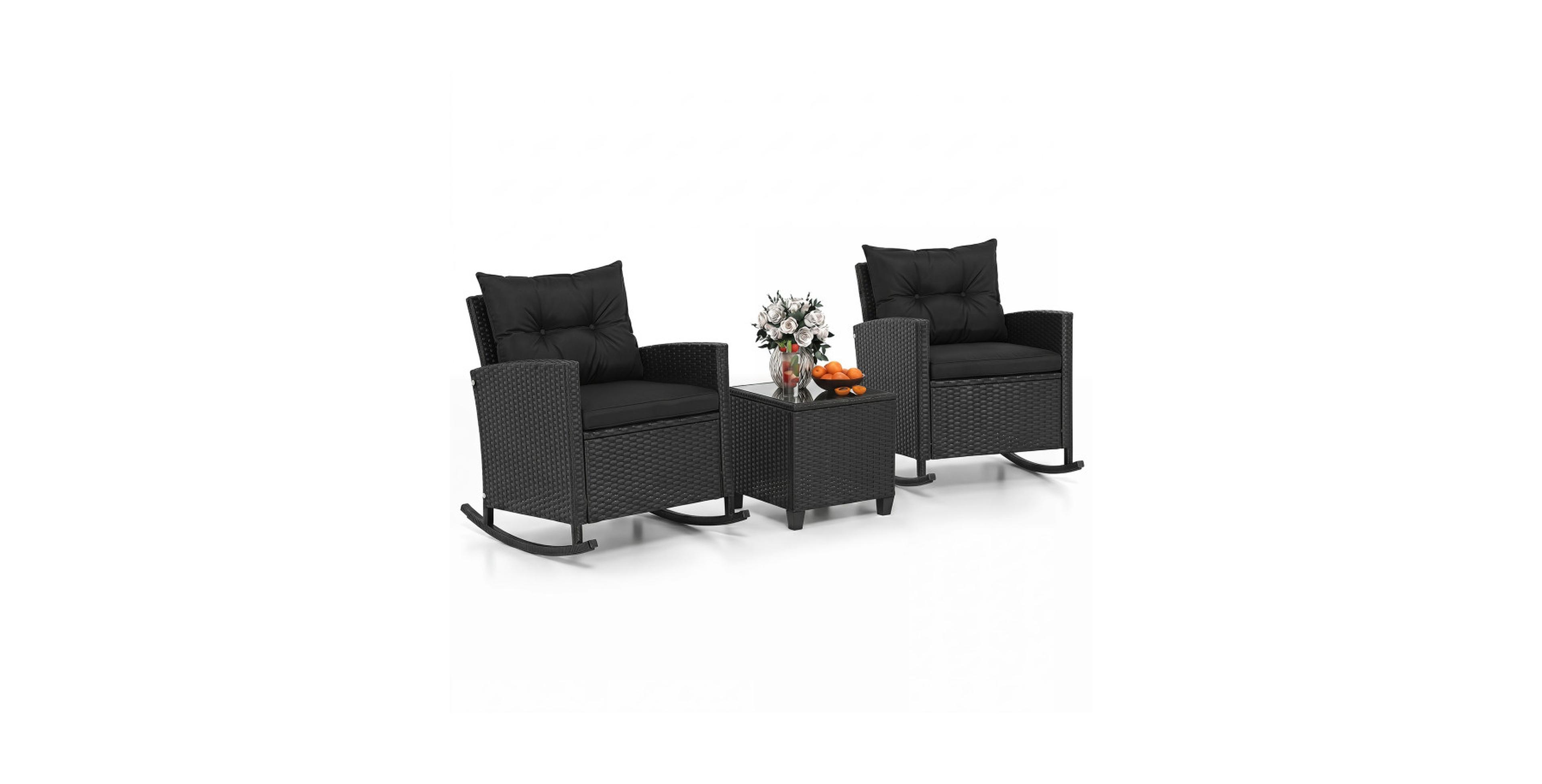 Gouun 3-Piece Rattan Rocker Chair Set with Tempered Glass Table