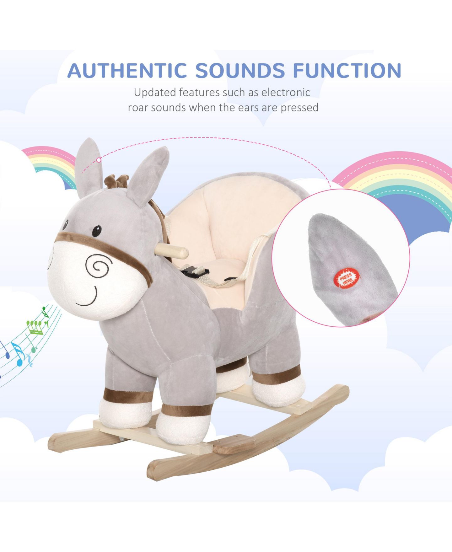 Детская мягкая игрушка Glintex Donkey Rocker Plush Sound Rocking Horse, 88-lb Capacity, Ages 18-36 Months, цвет: Светлый серый — фото 7