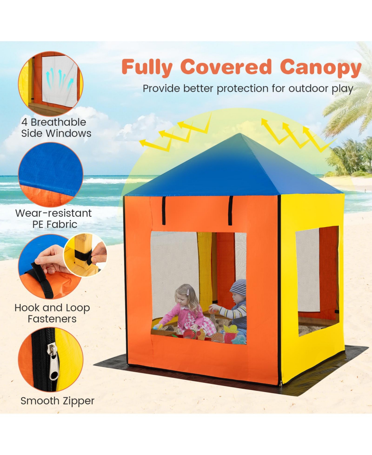 Glintex Kids Sandbox, 43.5 x 43.5 in Wooden Sand Pit with Full Canopy, 4 Mesh Windows, Storage Benches, 2 Bins and Bottom Liner