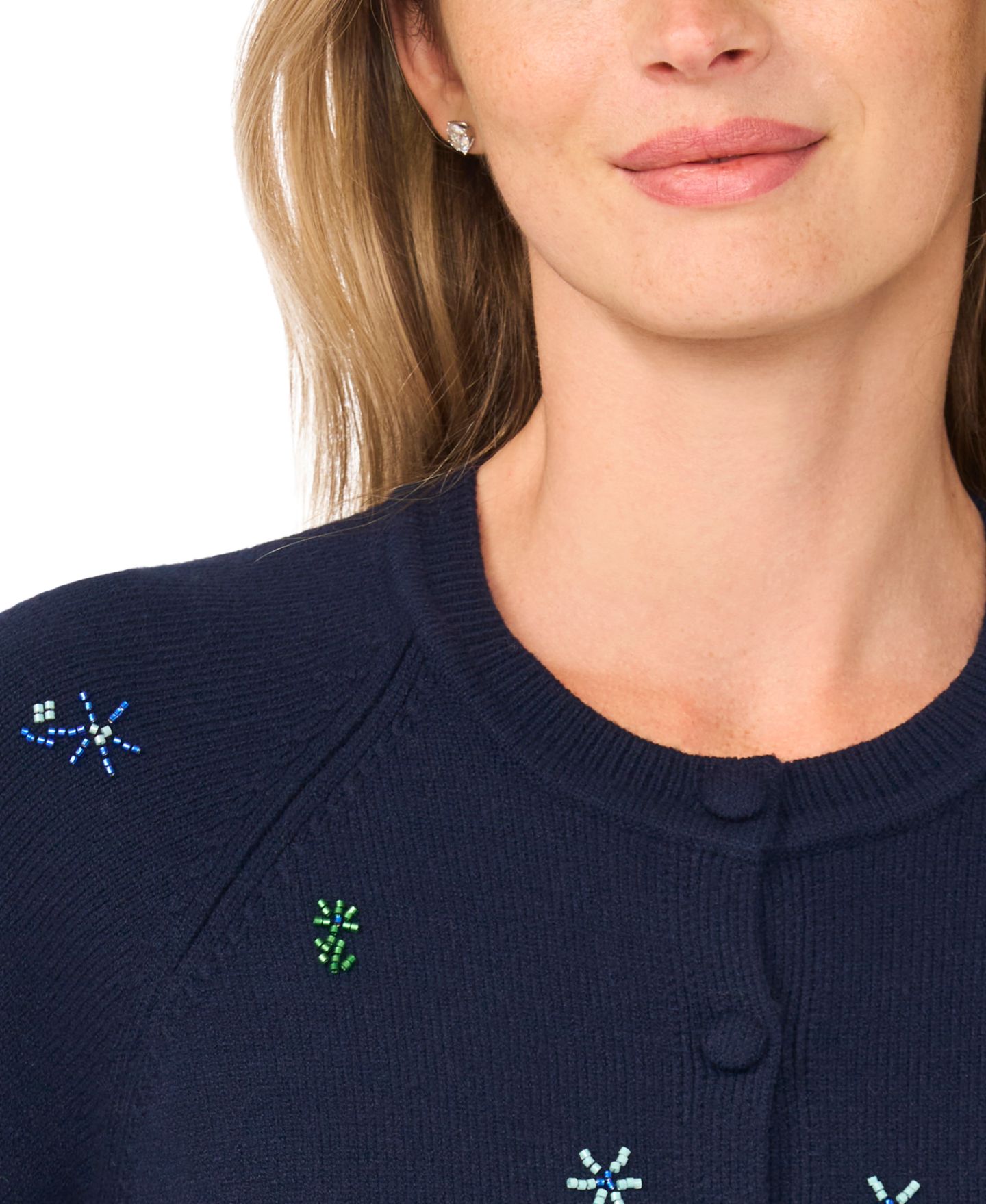 Женский кардиган CeCe Dupraz Bead-Embroidered Crewneck Long-Sleeve Cardigan, цвет: Тёмно-синий — фото 2