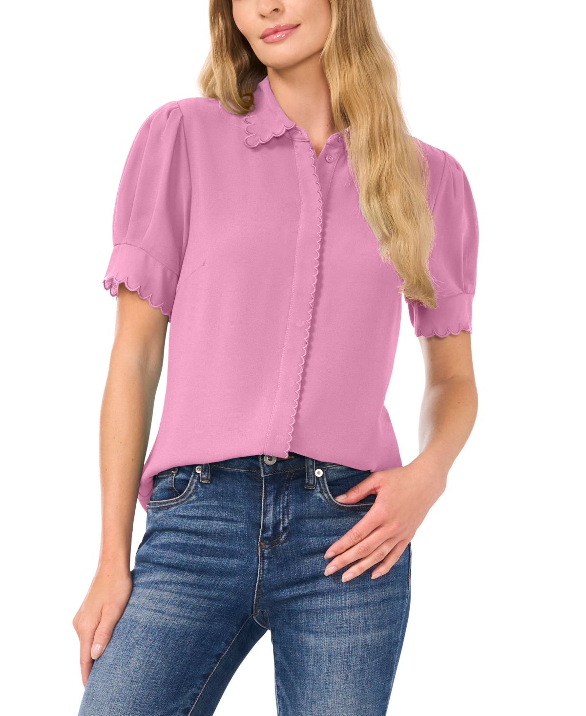CeCe Women's Scalloped Puff-Sleeve Button-Front Top