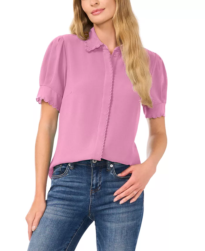 Women's Scalloped Puff-Sleeve Button-Front Top
