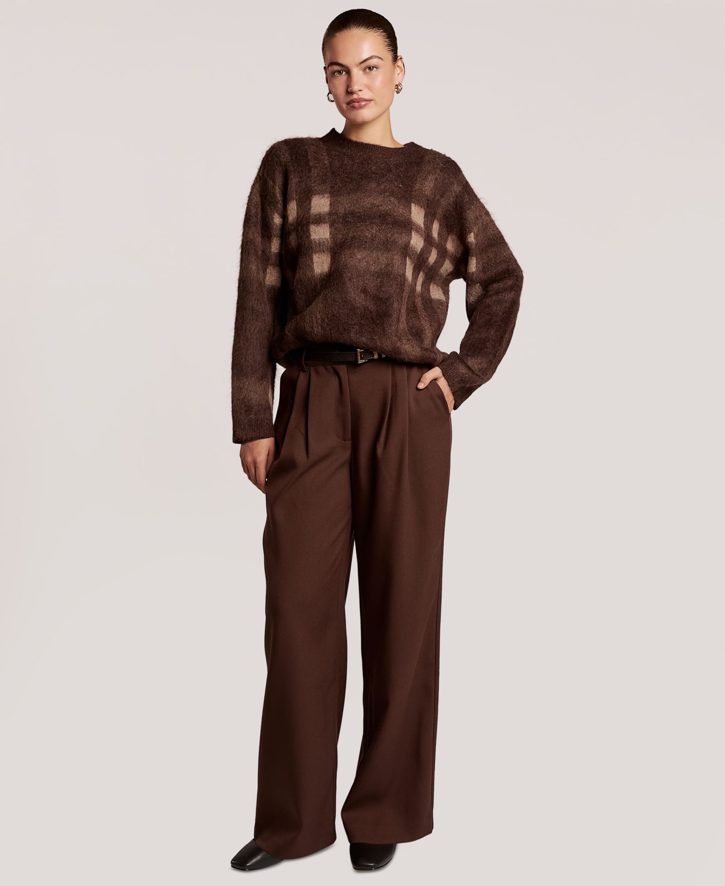 Женский свитер 4th & Reckless Noah Plaid Long-Sleeve Loose-Fit, цвет: Шоколадный — фото 2