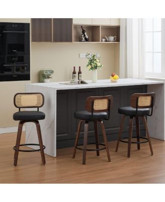 Counter Height Bar Stools Set of 3, Swivel Counter Stools with Cane Back, Upholstered Seat, Rattan Backrest for Island