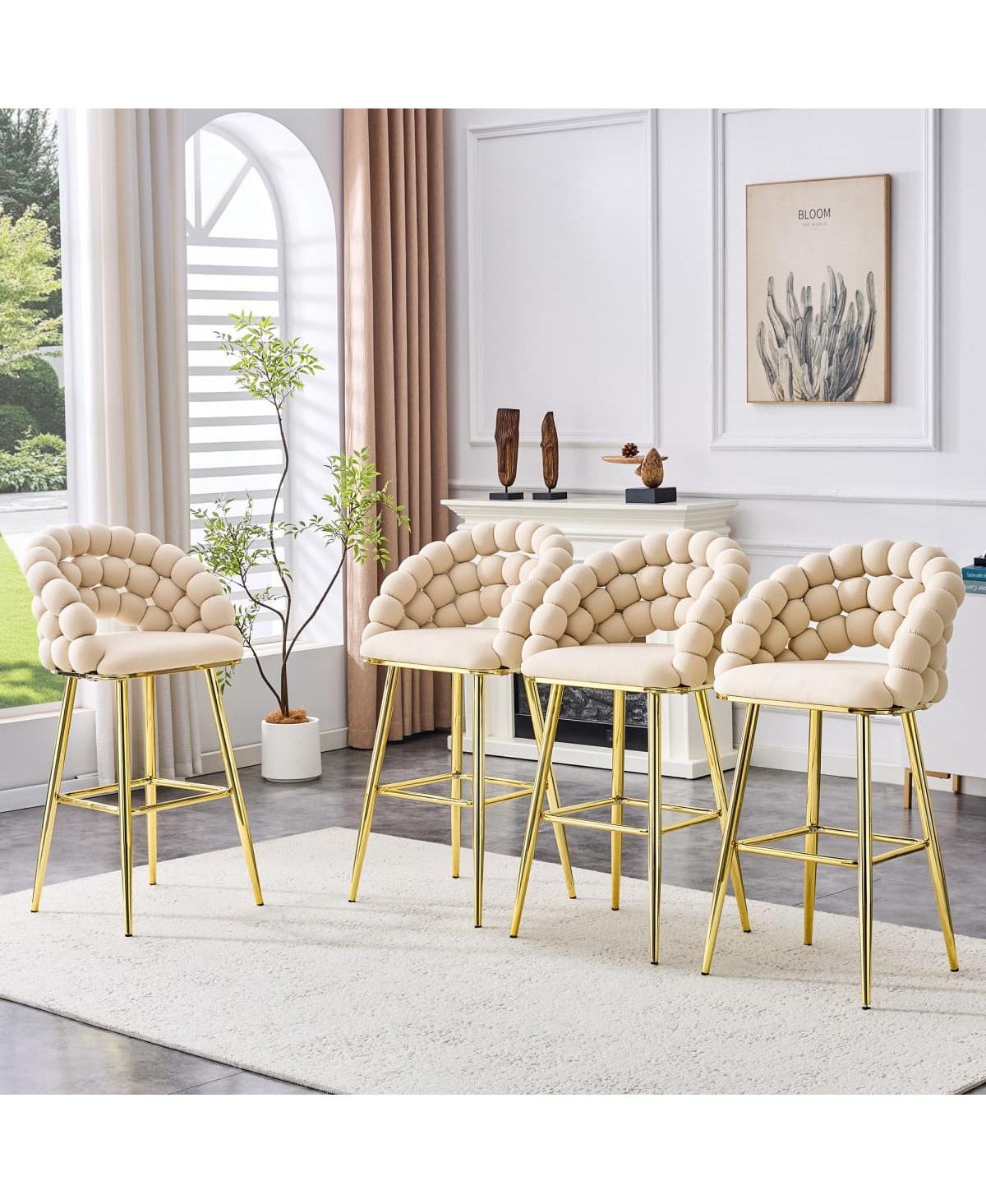 Maison Boucle Bar Stools Set of 4, Ball-Chain Bubble Back Accent Chairs, Velvet Cushion Seat, Gold Metal Frame, Home Seating