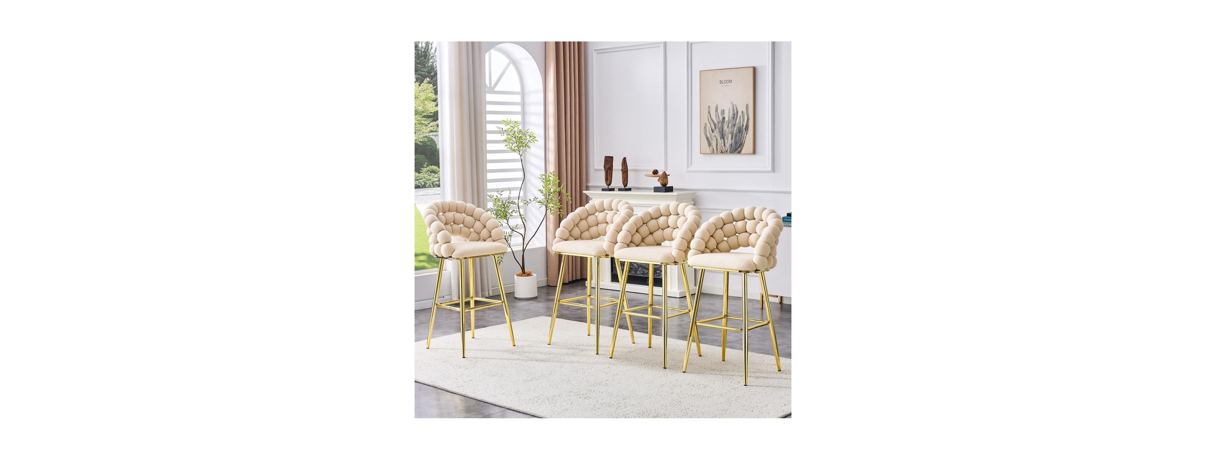 Maison Boucle Bar Stools Set of 4, Ball-Chain Bubble Back Accent Chairs, Velvet Cushion Seat, Gold Metal Frame, Home Seating