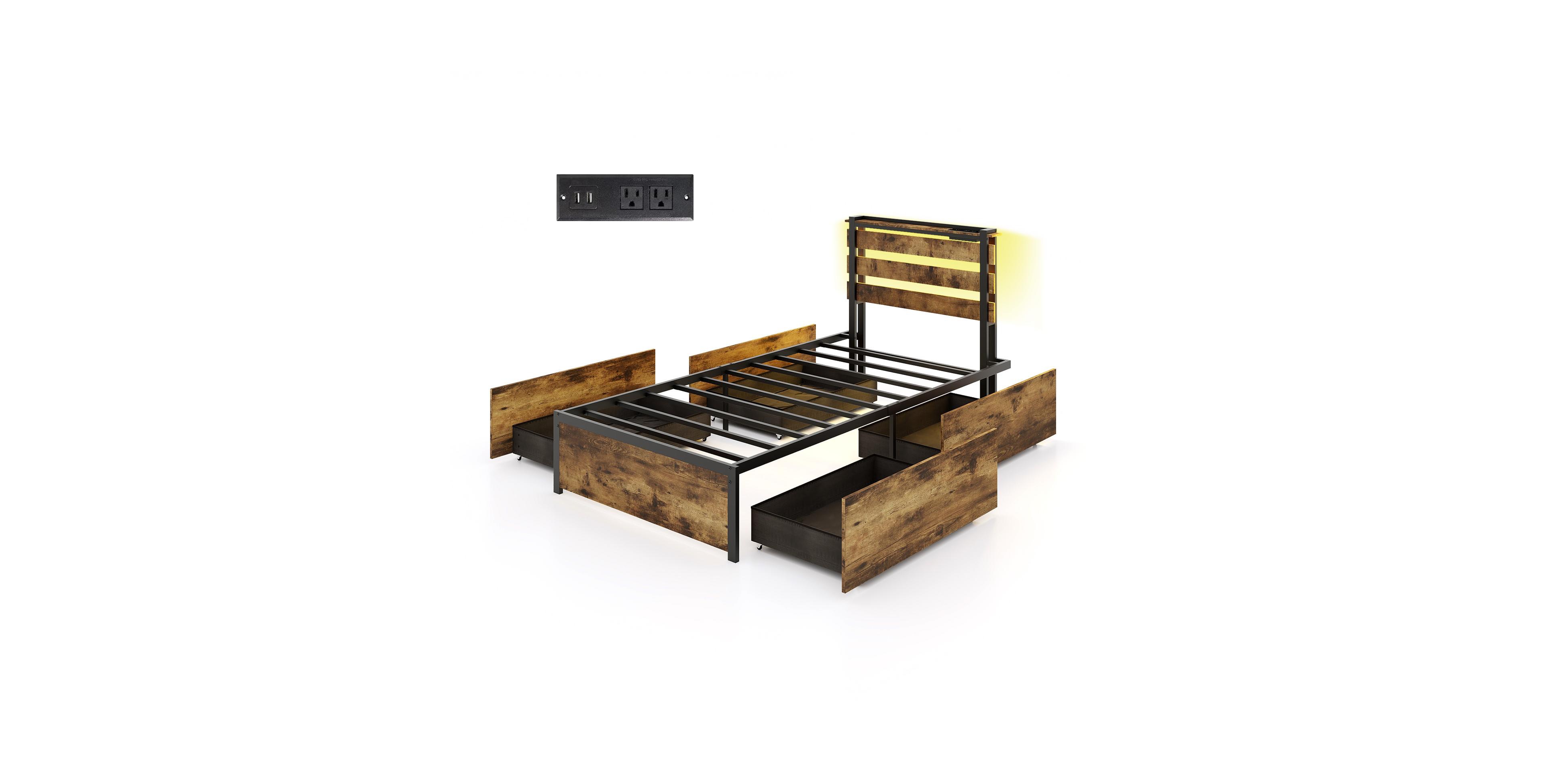 Mecale Full Queen Twin Size Bed Frame with Drawers Led Lights and Usb Ports Twin Size