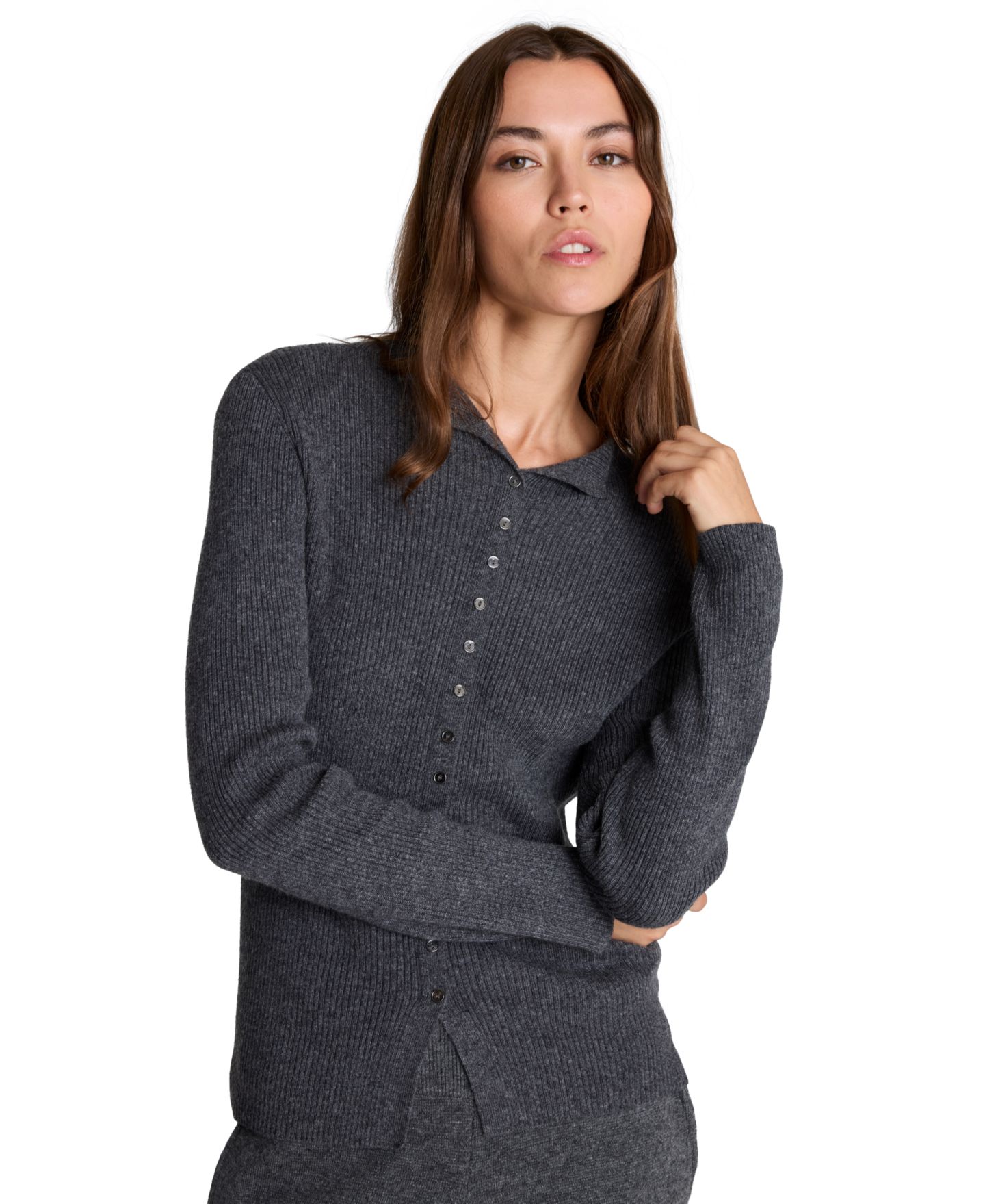 Женский свитер Kenneth Cole Ribbed Funnel Neck Long-Sleeve, цвет: Тёмный меланжевый серый — фото 1