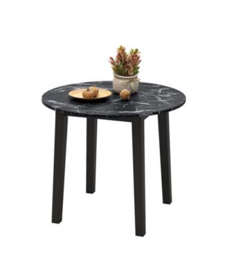 35 Inch Round Dining Table with Rubber Wood Legs and Marble Textured Veneer Tabletop