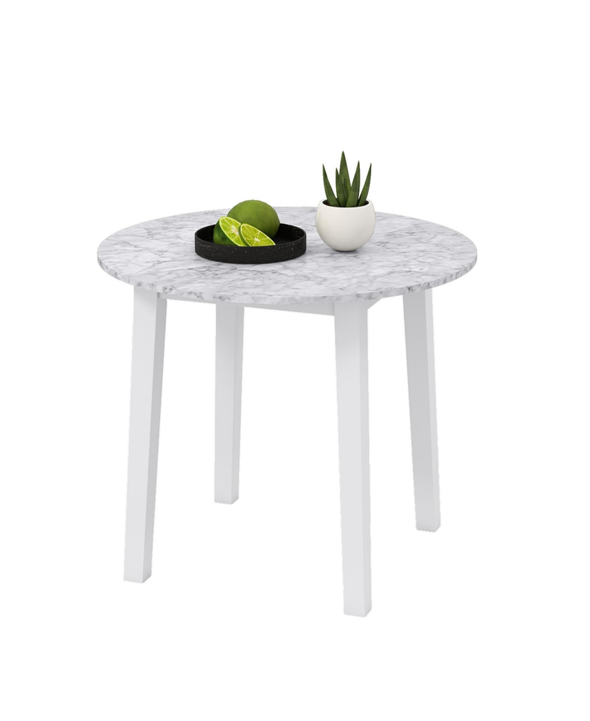 Mecale 35 Inch Round Dining Table with Rubber Wood Legs and Marble Textured Veneer Tabletop - White