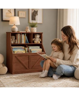 Kids Toy Storage Organizer and Bookshelf, Farmhouse Wood Cabinet with Open Cubbies and Bins, Anti Tip Safety Design
