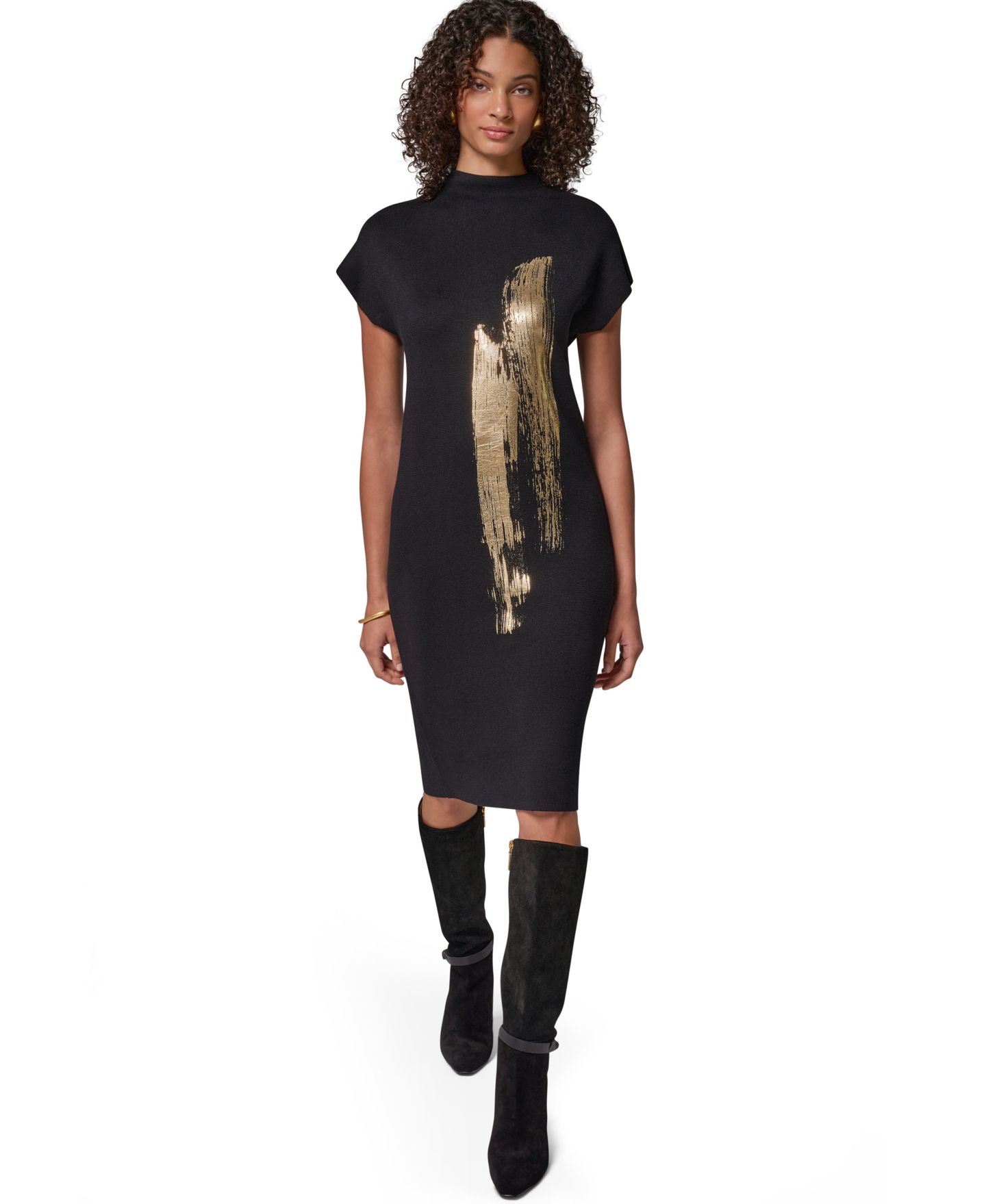 Женское платье Donna Karan New York Petite Gold-Tone Velvet Burnout Sweater Dress, цвет: Чёрный / Золотой разноцветный — фото 2
