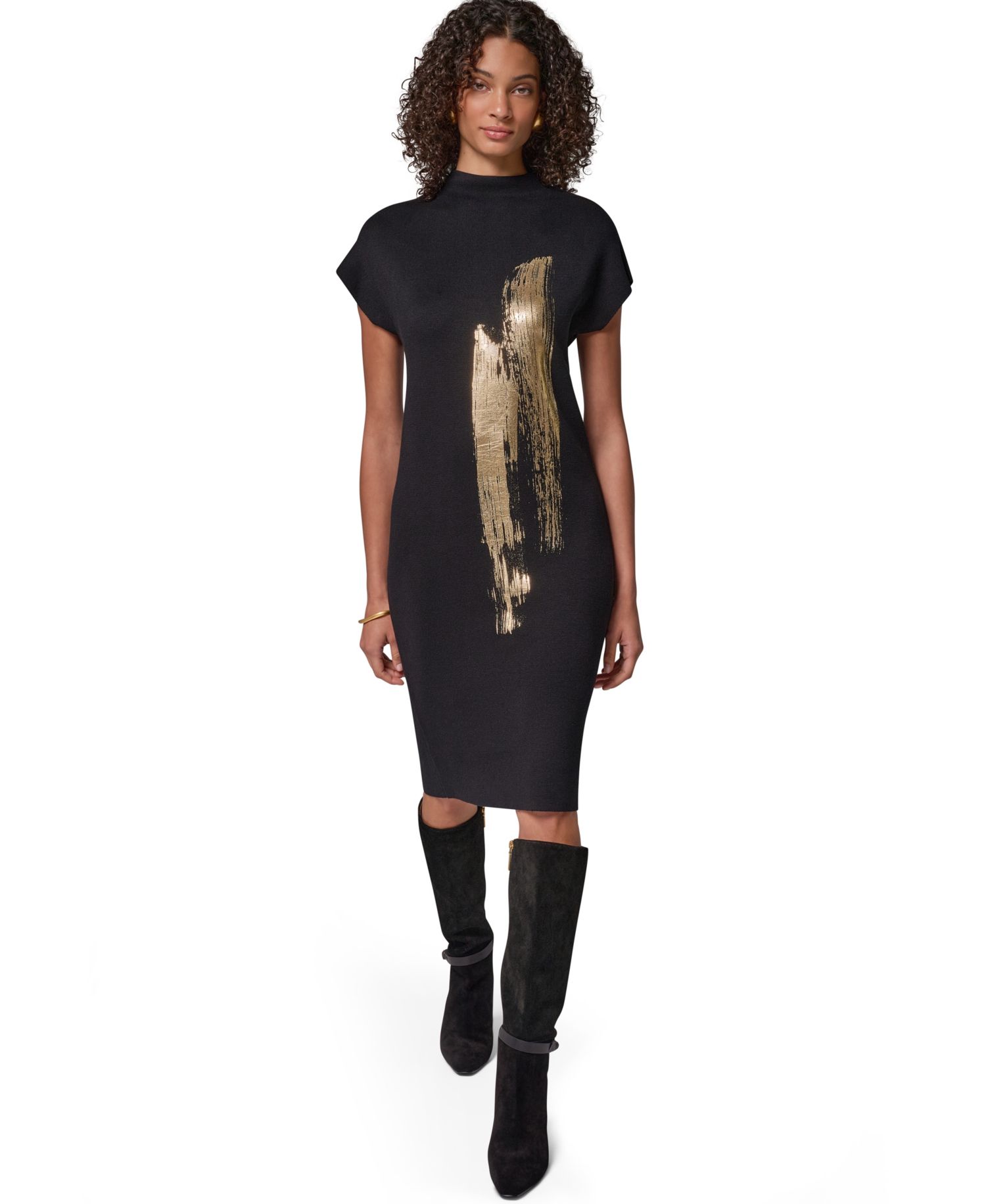 Petite Cap Sleeve Metallic-Print Graphic Midi Sweater Dress