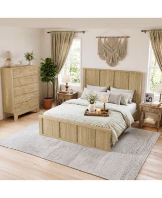 Modern Farmhouse Bedroom Set - Solid Wood Platform Bed with Tall Headboard and 5-Drawer Fluted Dresser, 800 lbs Support No Box Spring Needed