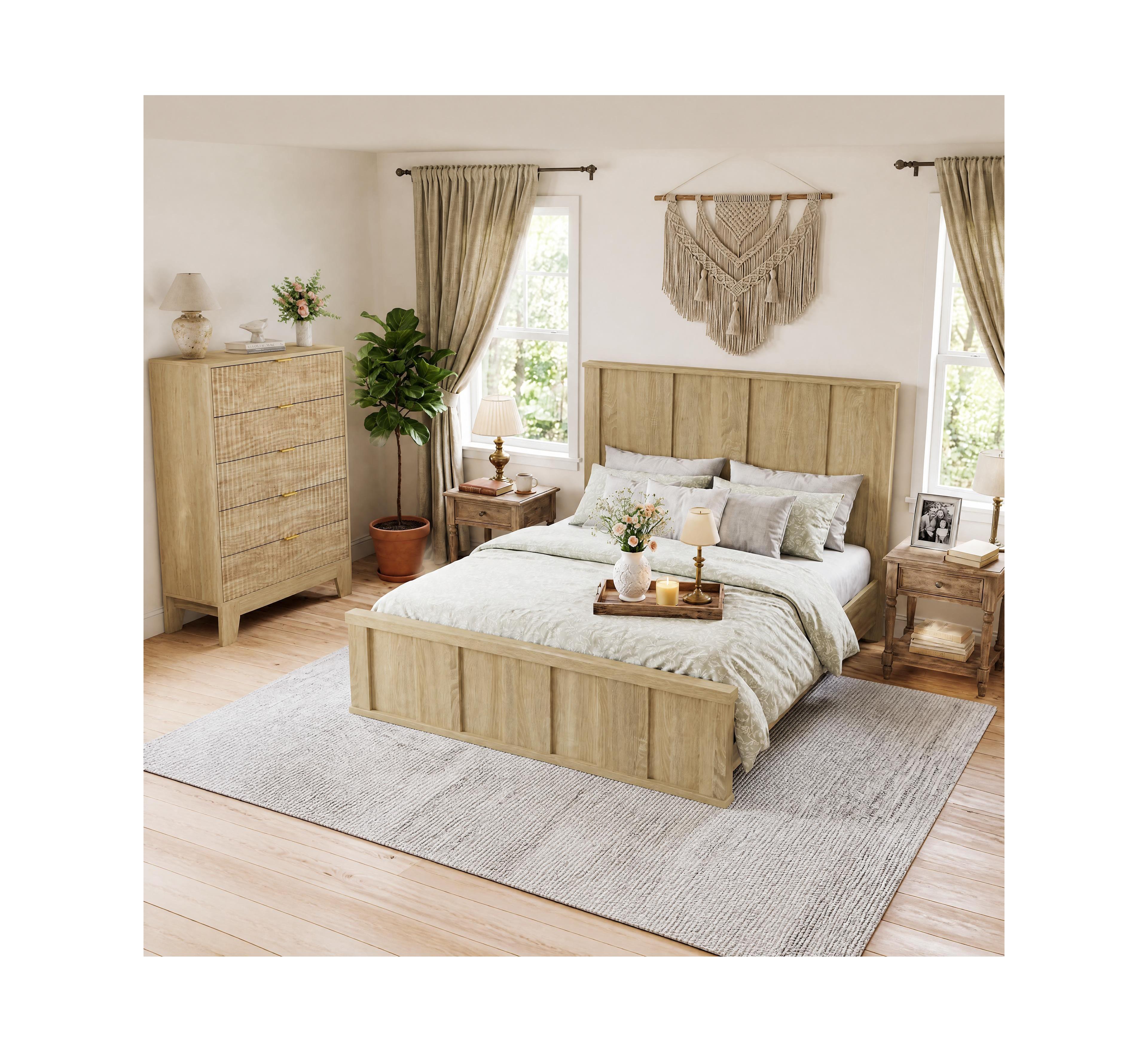 gaomon Modern Farmhouse Bedroom Set - Solid Wood Platform Bed with Tall Headboard and 5-Drawer Fluted Dresser