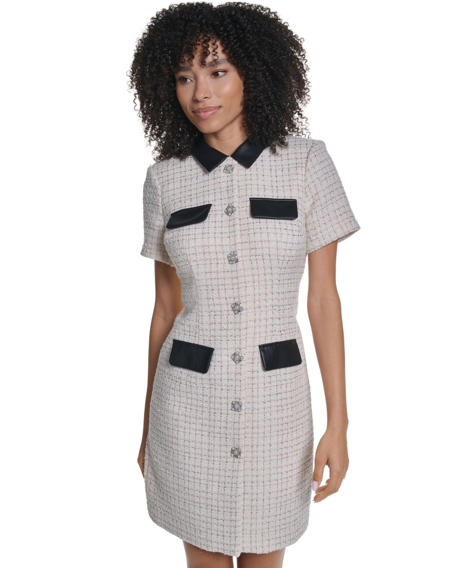 Women's Boucle-Tweed Short-Sleeve Knee-Length Dress