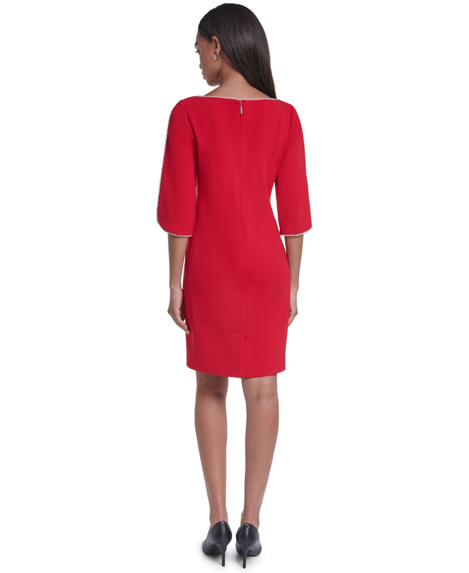 Women's Scuba Crepe Imitation Pearl Framing Boat Neck Dress
