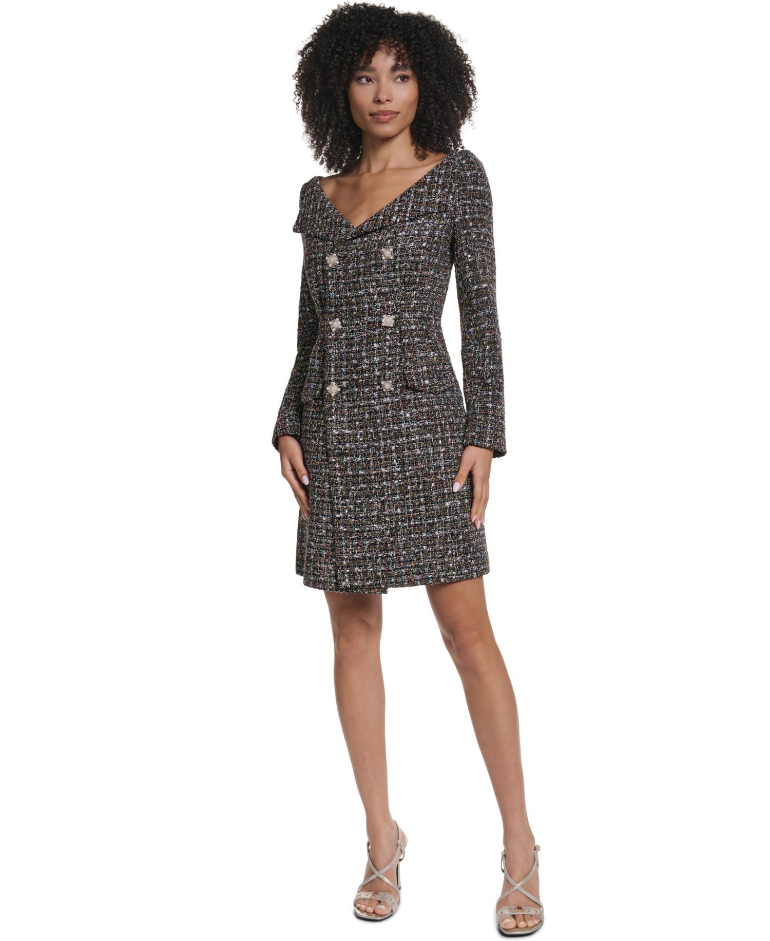 Women's Long-Sleeve Collared Tweed Coat Dress