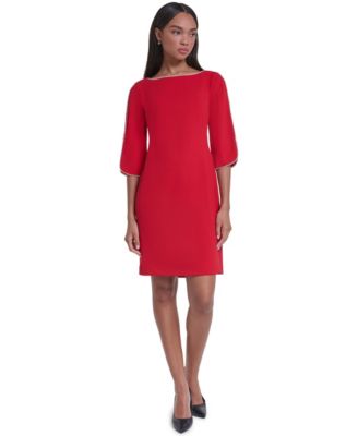 Women's Scuba Crepe Imitation Pearl Framing Boat Neck Dress