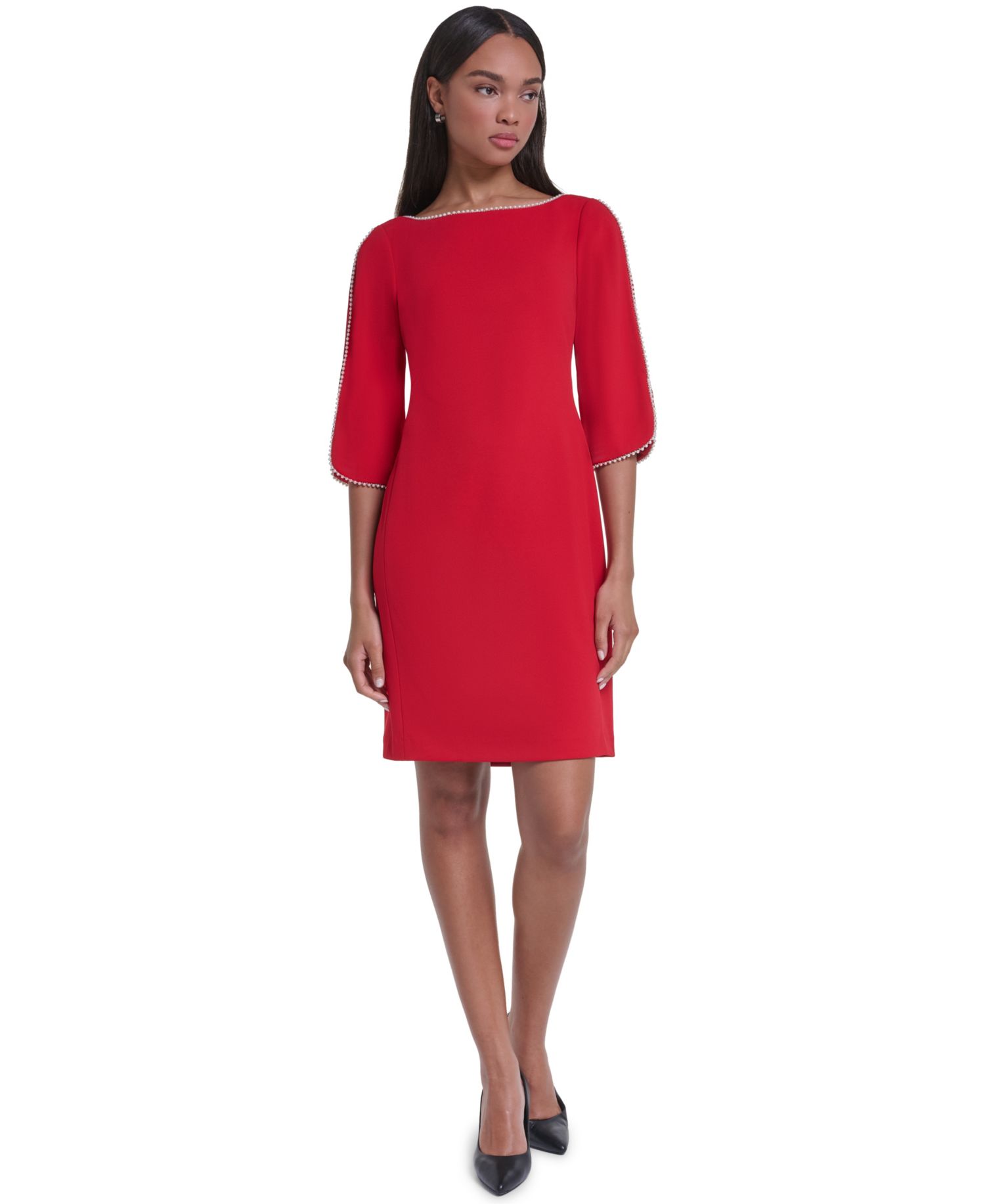 Women's Scuba Crepe Imitation Pearl Framing Boat Neck Dress