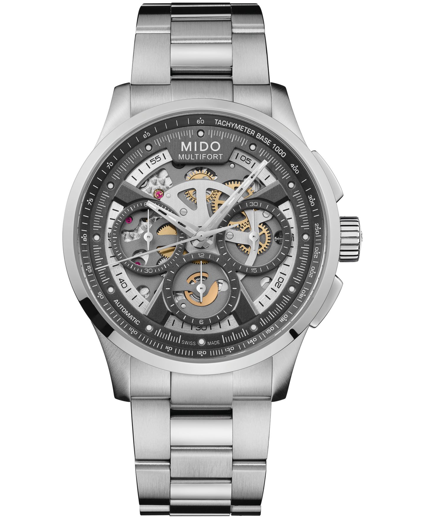 Мужские часы Mido Swiss Automatic Chronograph Skeleton Multifort Stainless Steel Bracelet Watch 43mm — фото 1