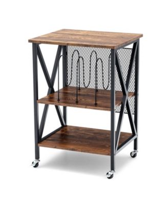 3 Tiers Vintage Style Rolling End Table with 3 Dividers for Albums