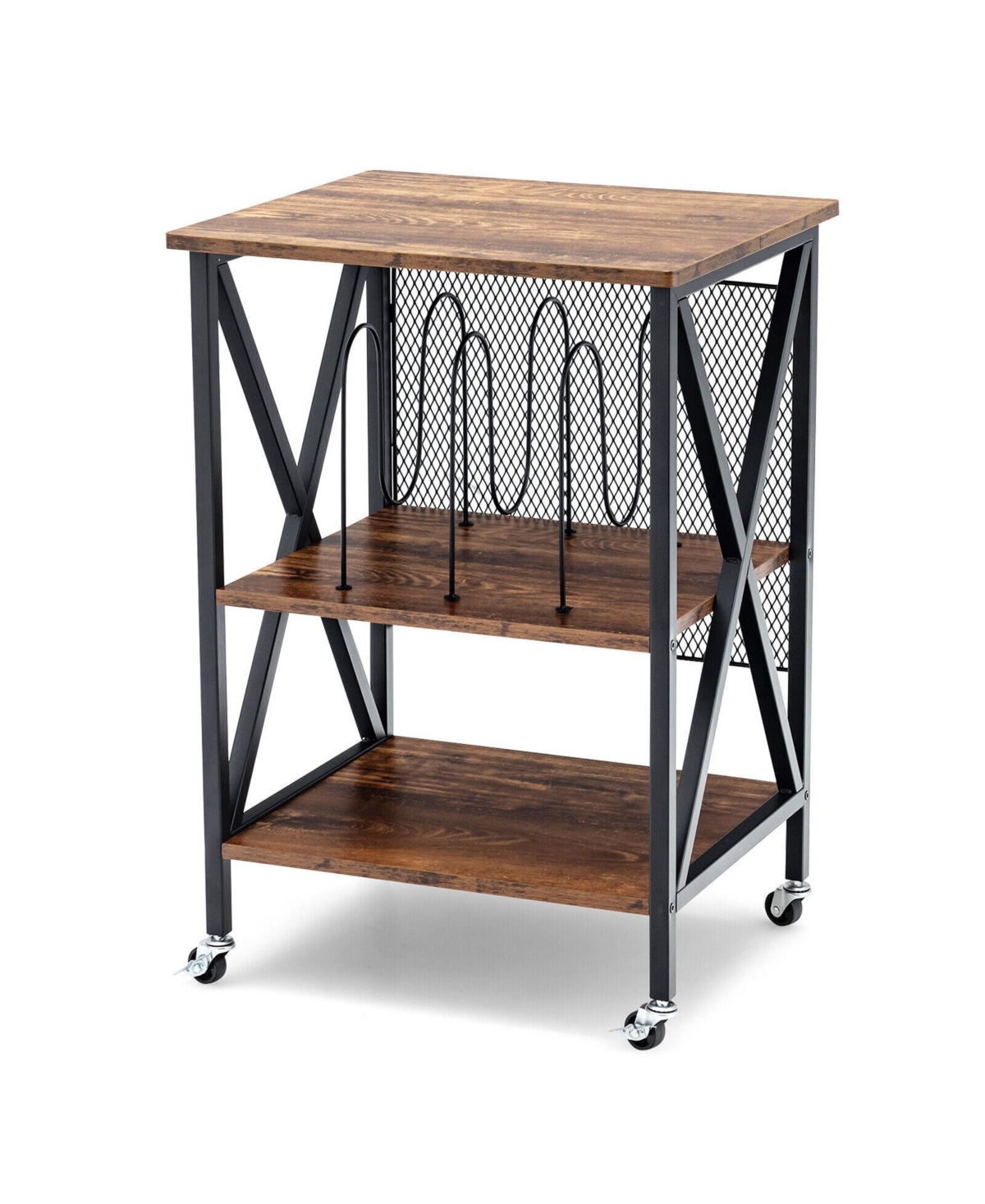 Mecale 3 Tiers Vintage Style Rolling End Table with 3 Dividers for Albums