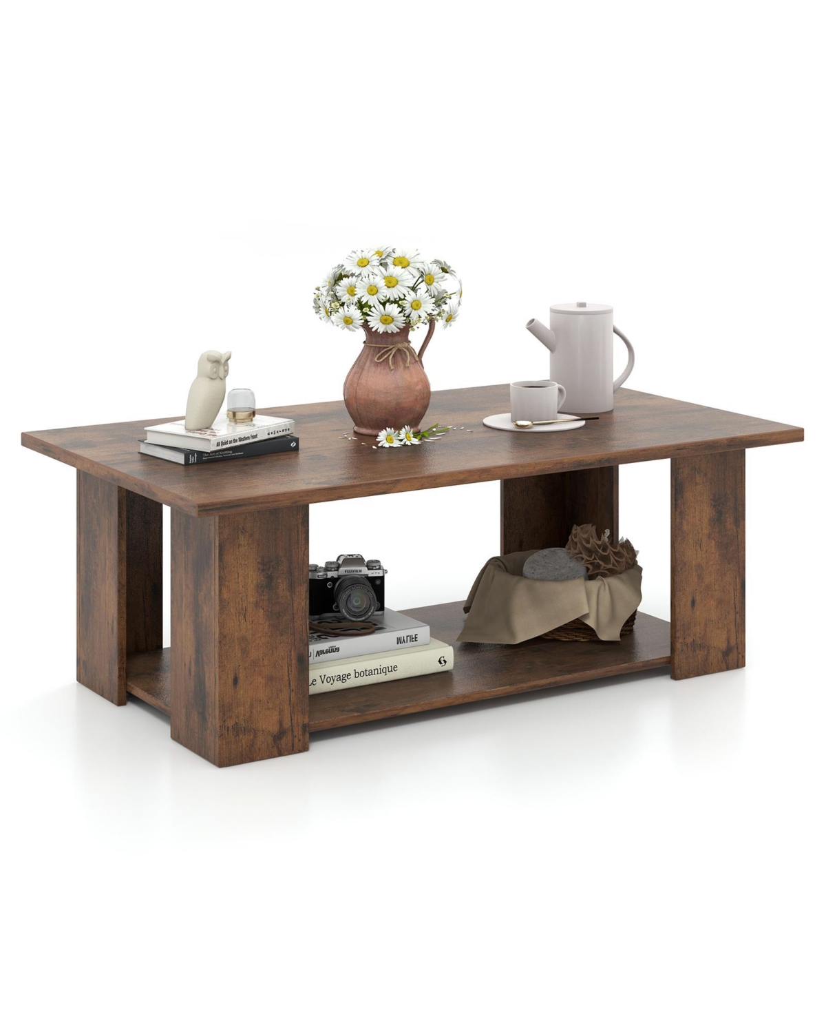 Mecale Large 36 41 Inch 2 Tier Wooden Modern Coffee Table with Storage Shelf - Coffee