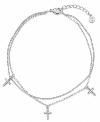Cross Charm Double Chain Anklet in Silver Plate