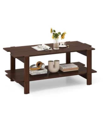 2 Tier Coffee Table Slatted Wood Center Table with Storage Shelf