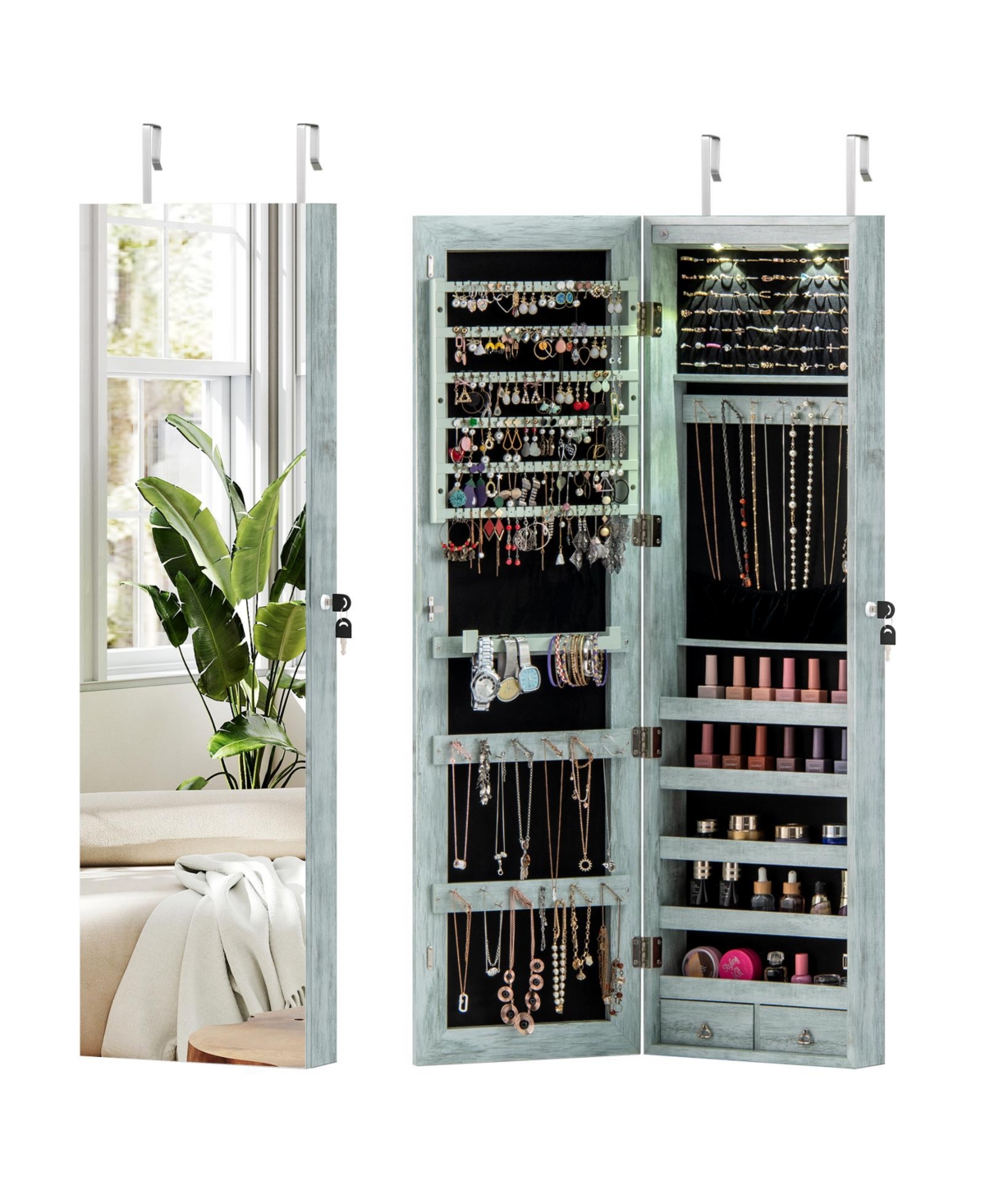 Mecale Wall and Door Mounted Mirrored Jewelry Cabinet with Lights