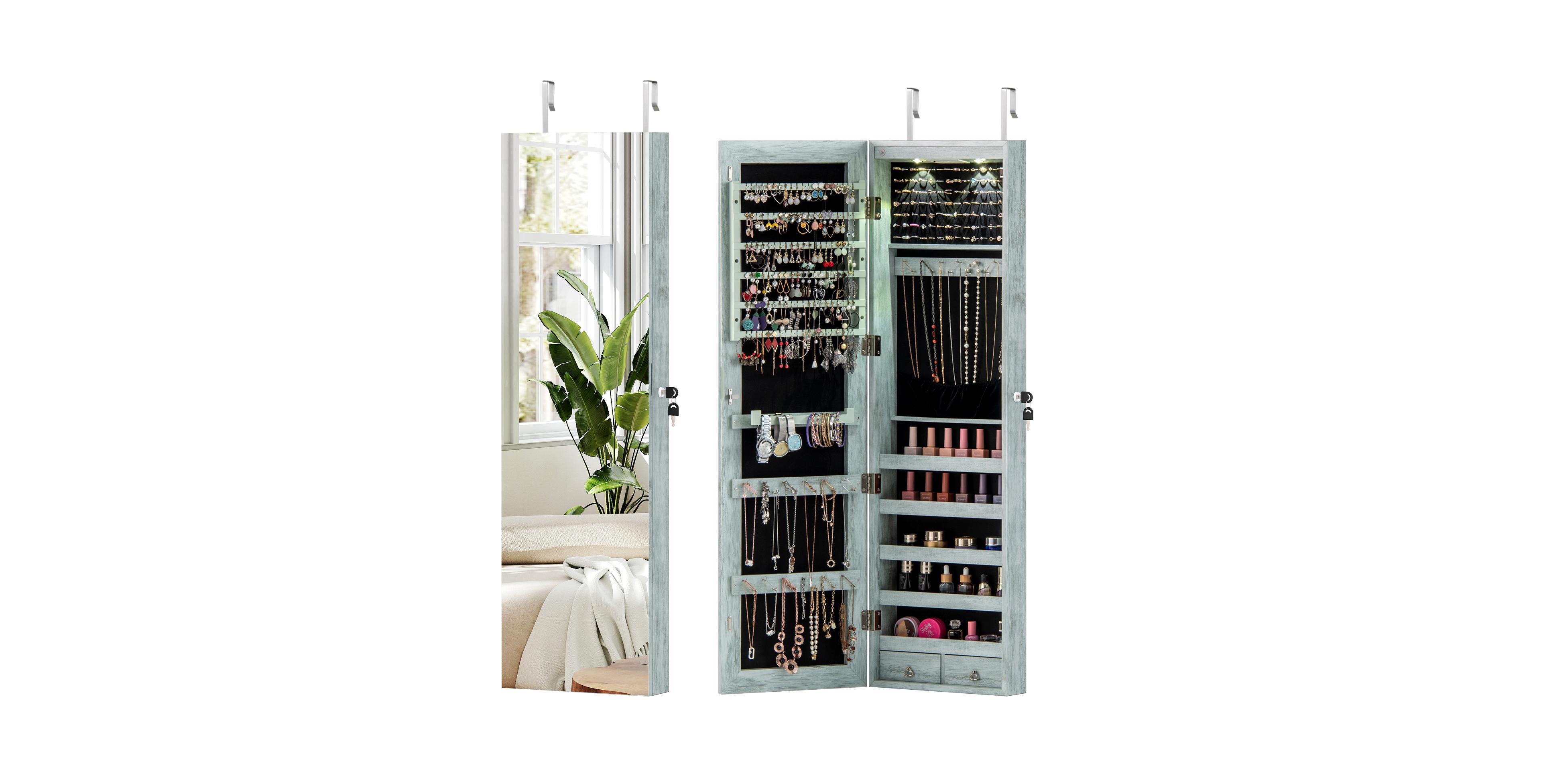 Mecale Wall and Door Mounted Mirrored Jewelry Cabinet with Lights