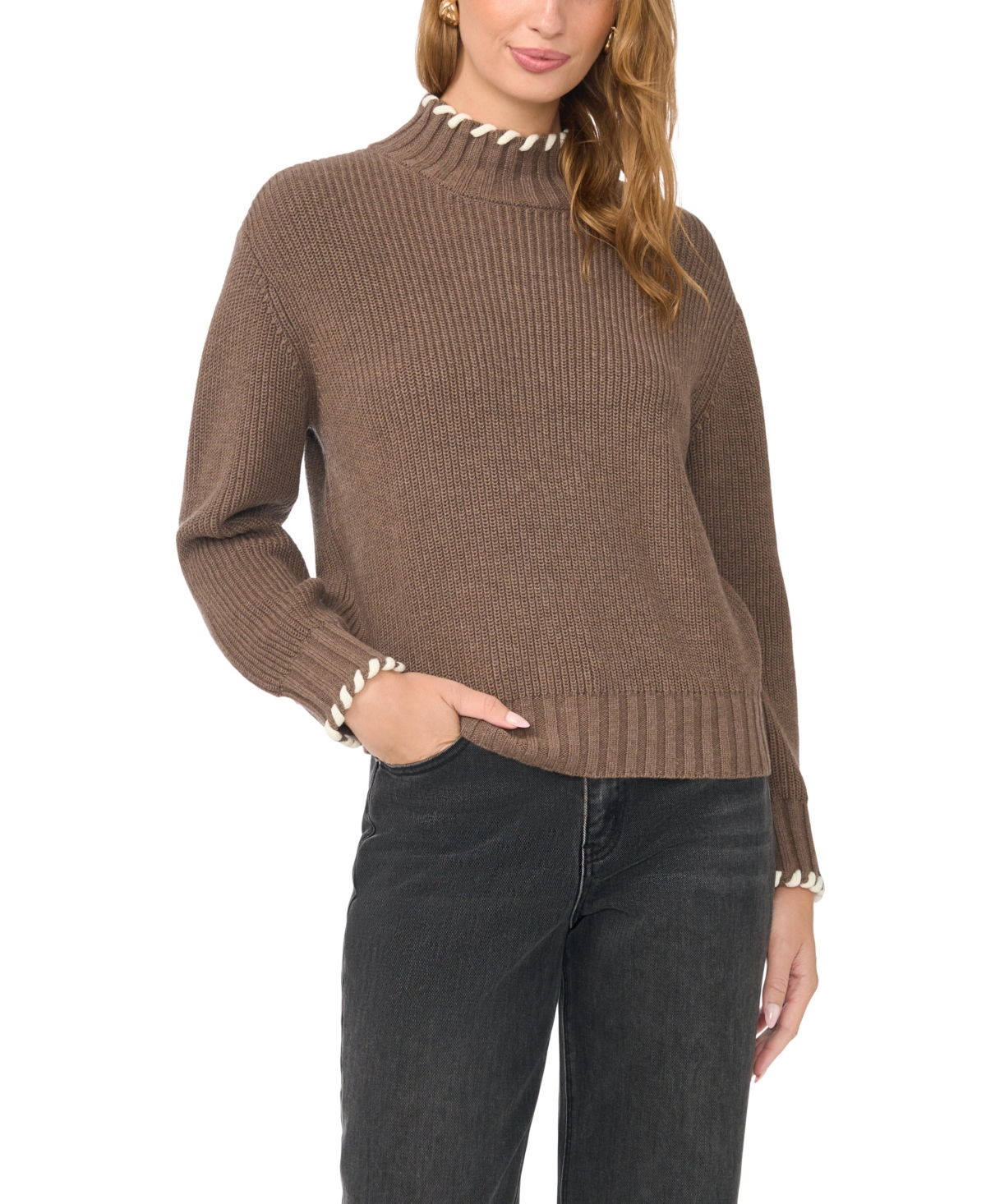 Vince Camuto Women's Turtleneck with Whipstitch Sweater - Smoked Oak