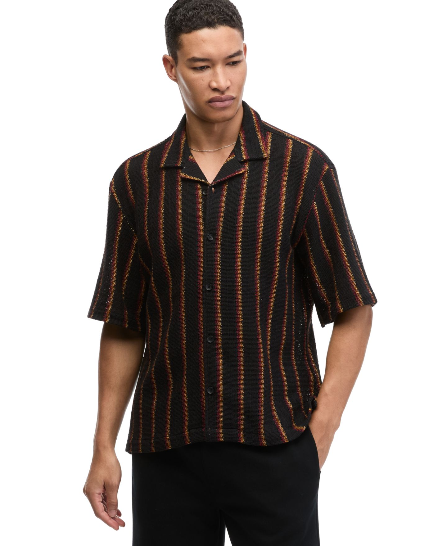 Мужская рубашка Mode of One Camp Collar Stripe Crochet Short-Sleeve, цвет: Глубокий чёрный — фото 1