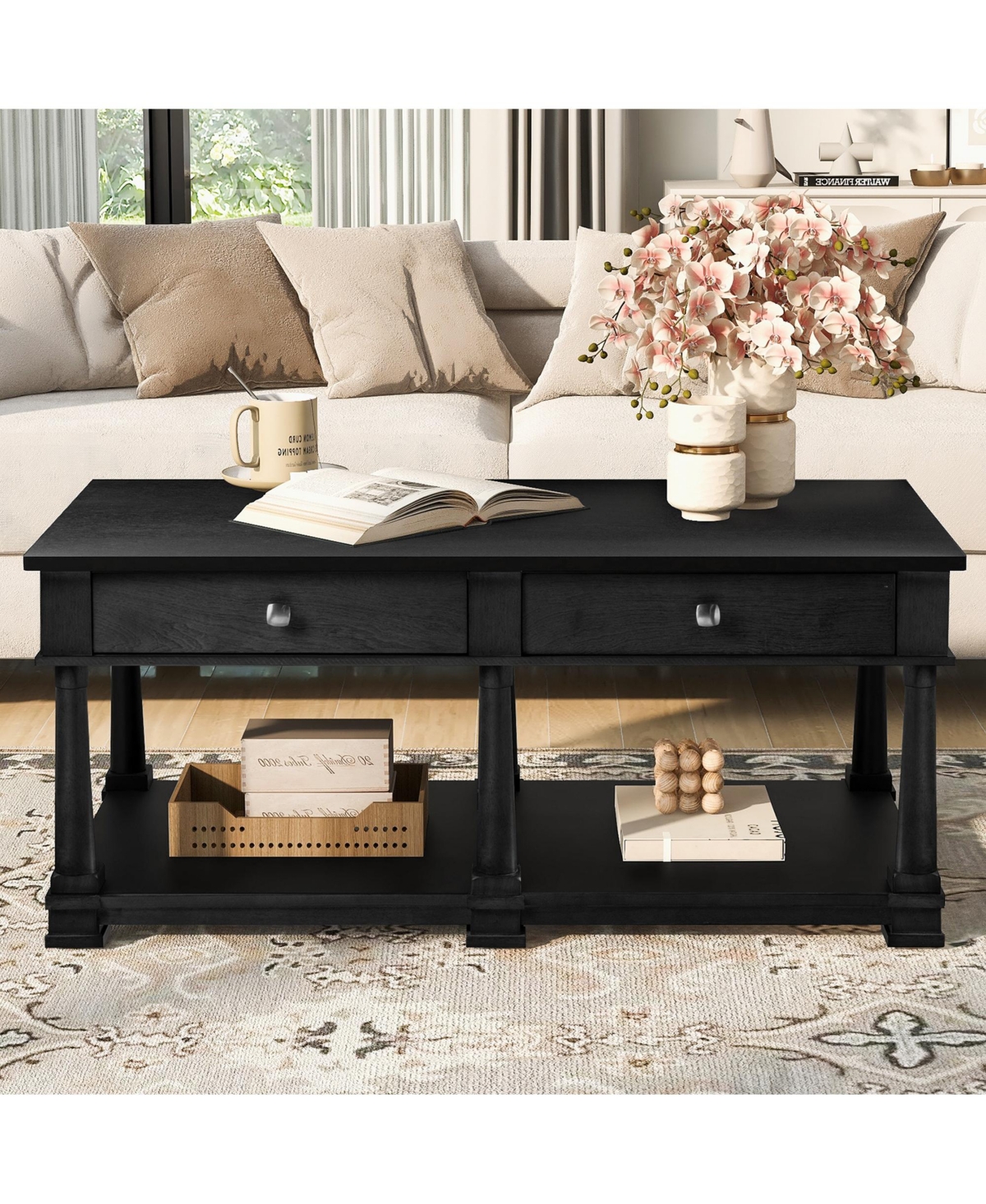 Clihome Farmhouse Wooden Coffee Table with 2 Storage Drawers and Lower Open Shelf